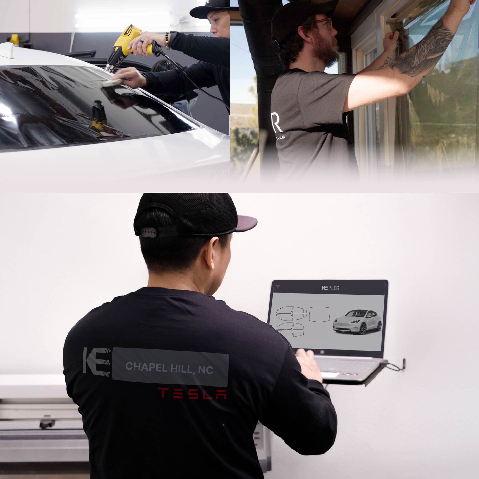Kepler Technician Fitting Advanced Window Tint to Tesla in Chapel Hill