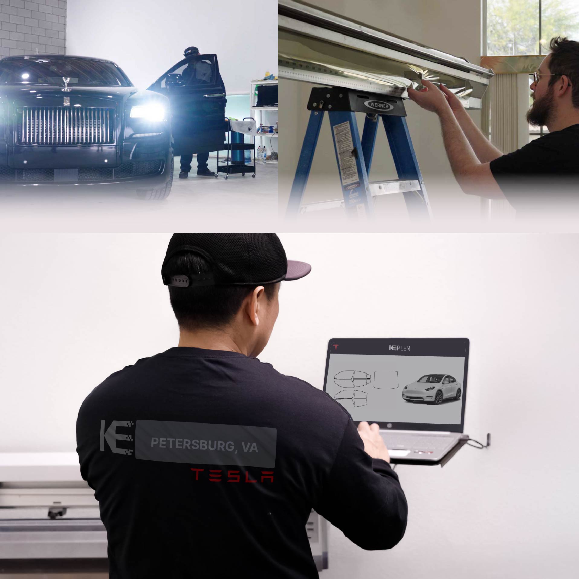 Expert Technician Fitting Ceramic Window Tint to Tesla in Petersburg