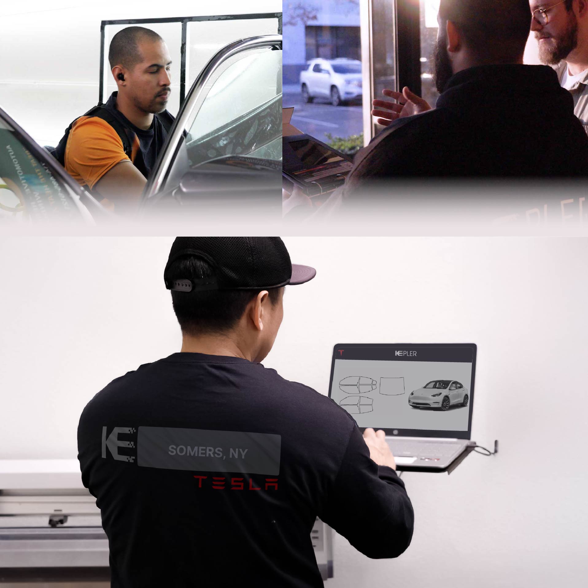 Expert Technician Fitting Ceramic Window Tint to Tesla in Somers