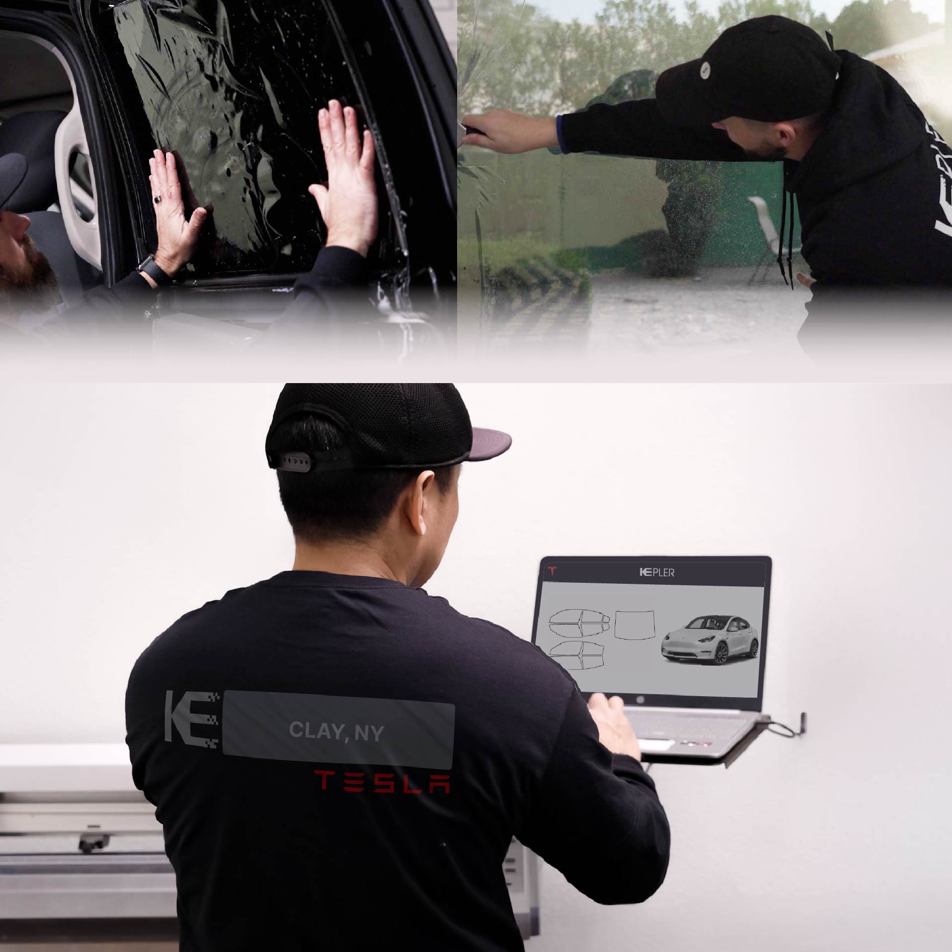 Expert Technician Fitting Advanced Window Tint to Tesla in Clay