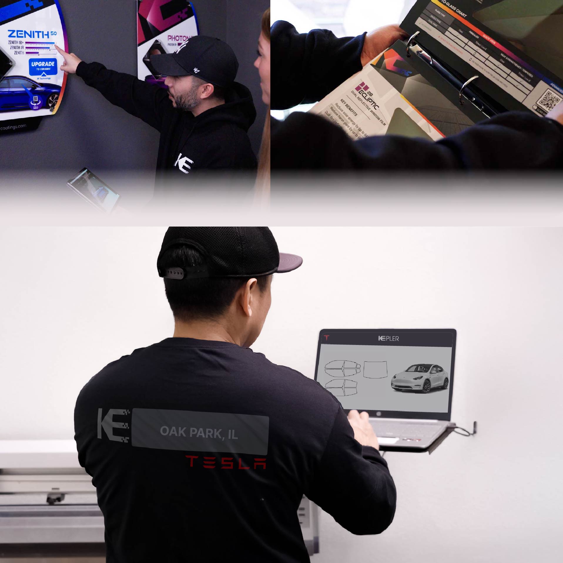 Kepler Technician Installing Advanced Window Tint to Tesla in Oak Park