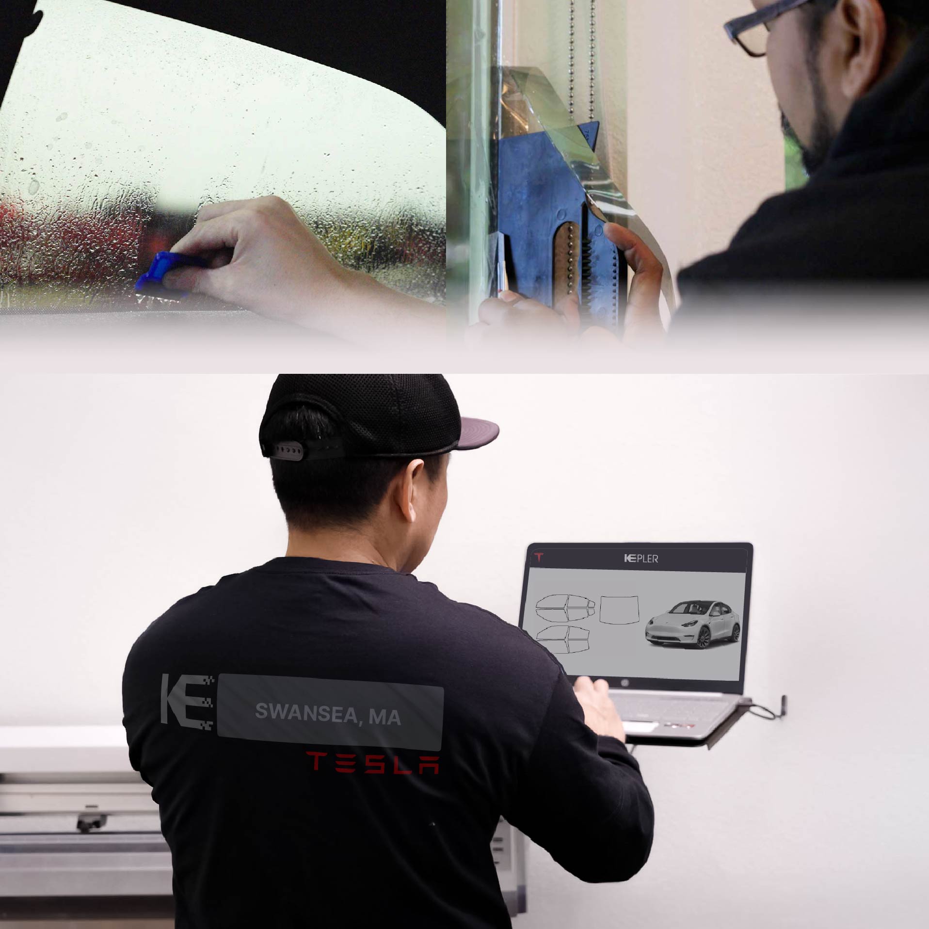 Expert Technician Applying High-tech Window Tint to Tesla in Swansea
