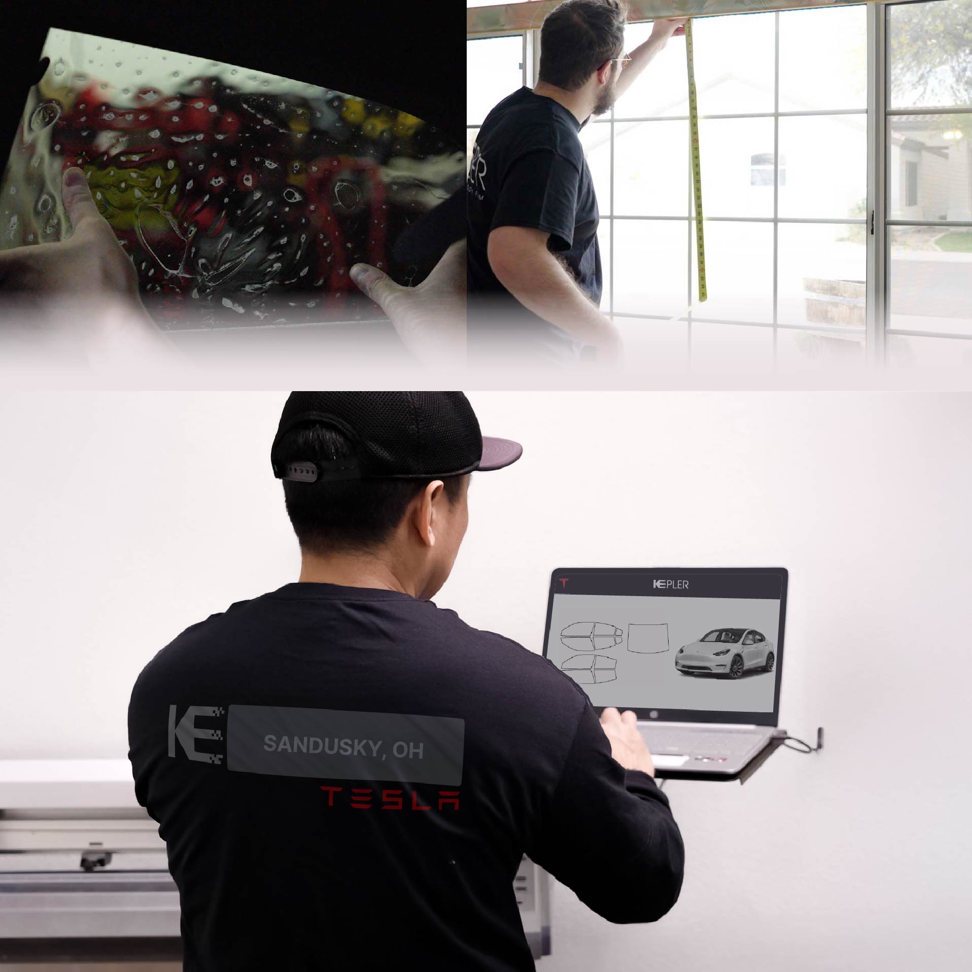 Kepler Technician Applying Ceramic Window Tint to Tesla in Sandusky