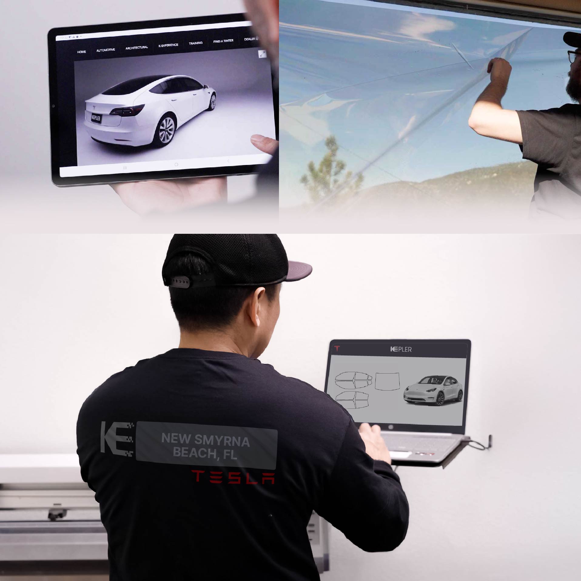 Kepler Technician Applying High-tech Window Tint to Tesla in New Smyrna Beach