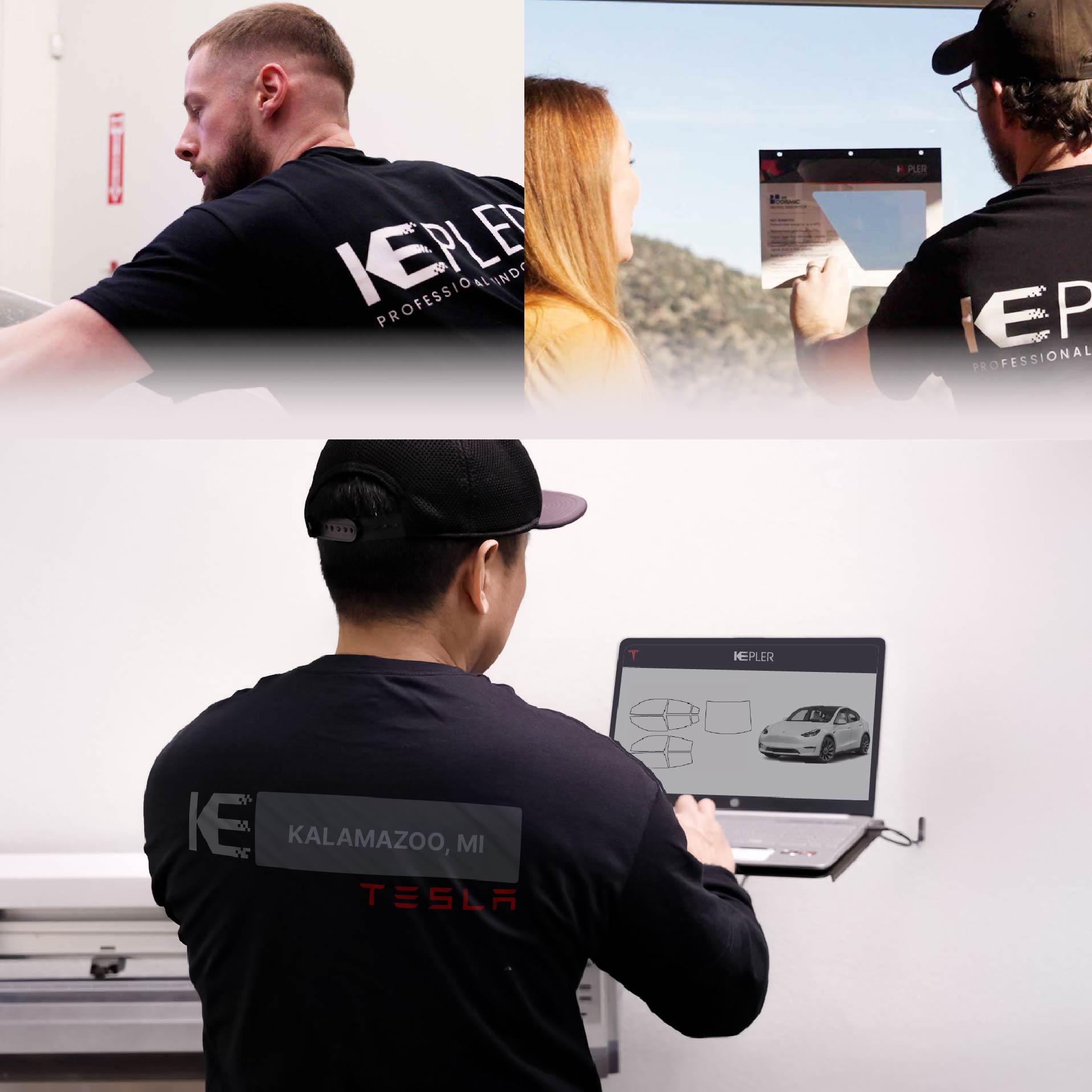 Expert Technician Installing Advanced Window Tint to Tesla in Kalamazoo