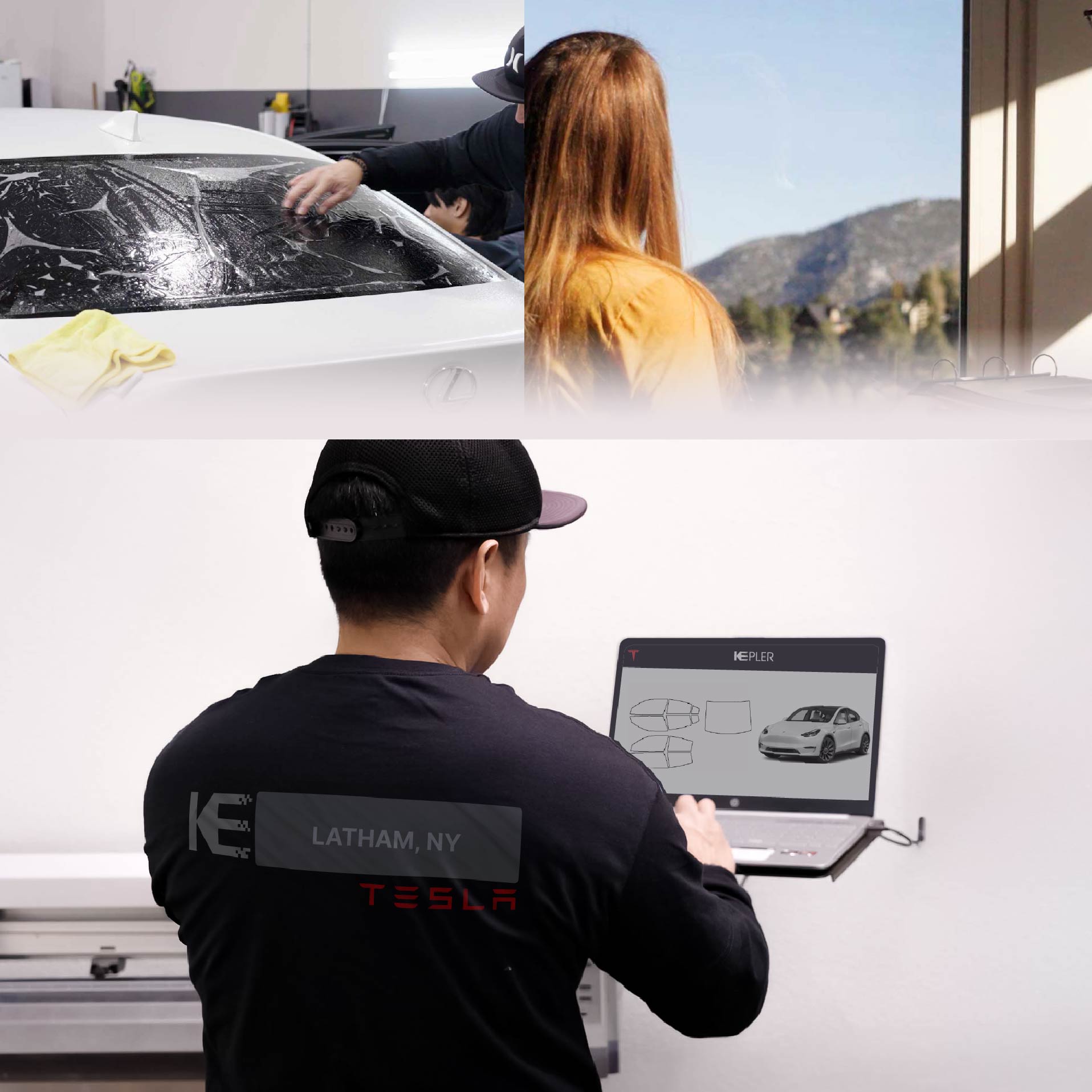 Expert Technician Applying Advanced Window Tint to Tesla in Latham