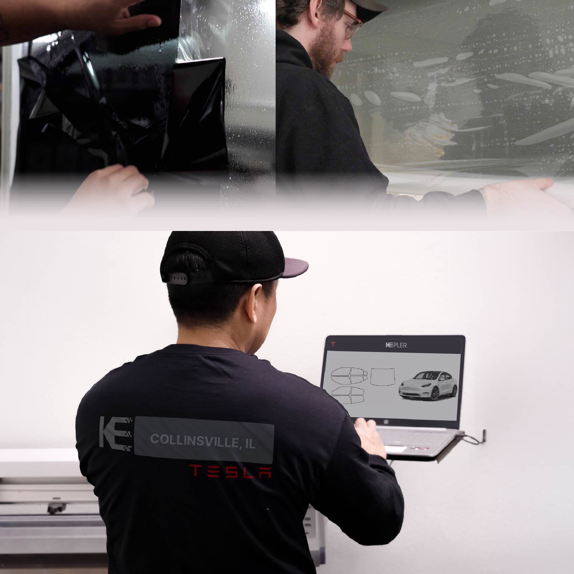 Kepler Technician Applying High-tech Window Tint to Tesla in Collinsville