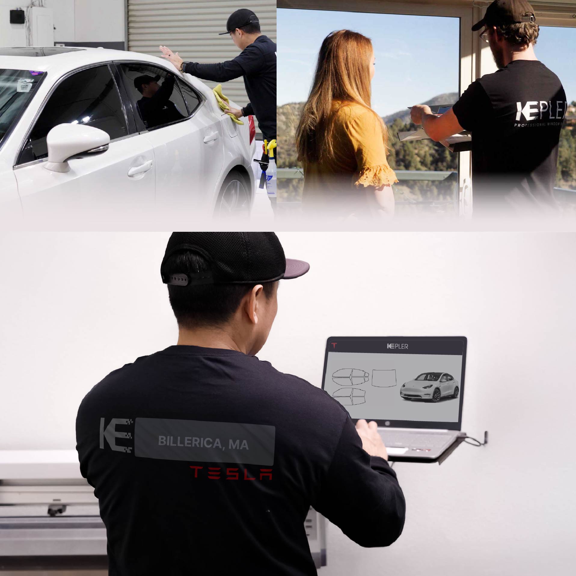 Kepler Technician Installing Advanced Window Tint to Tesla in Billerica