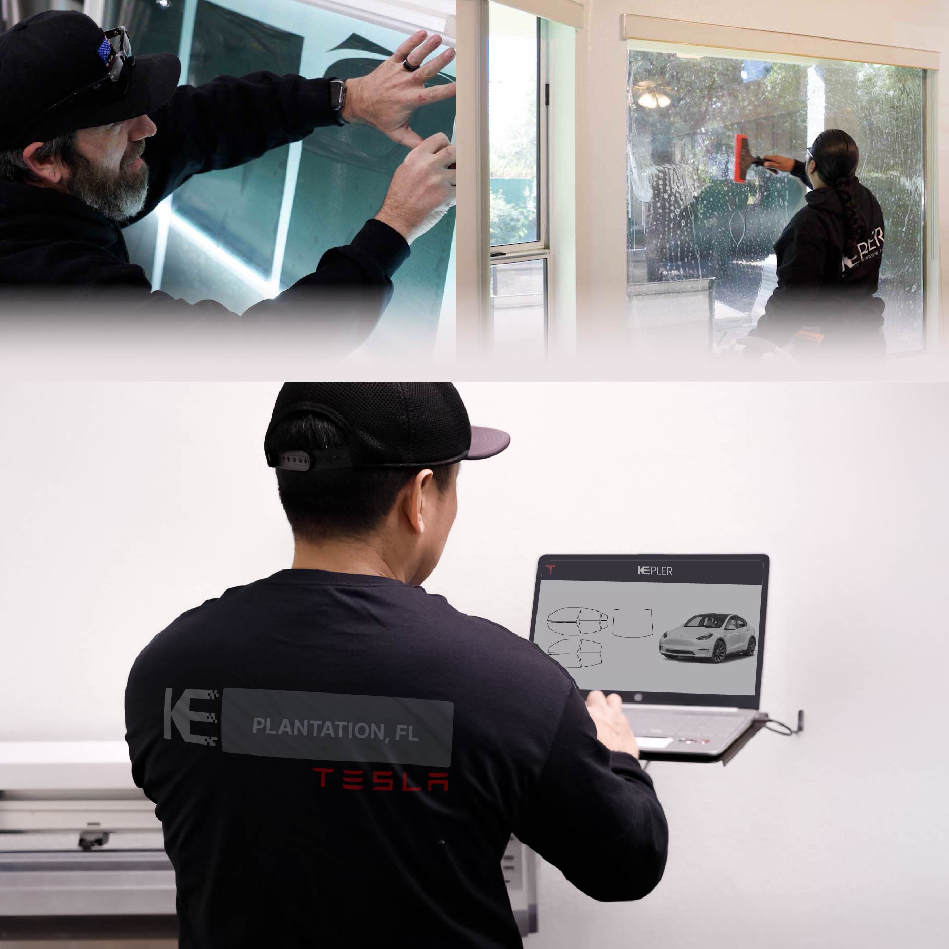 Kepler Technician Installing Ceramic Window Tint to Tesla in Plantation