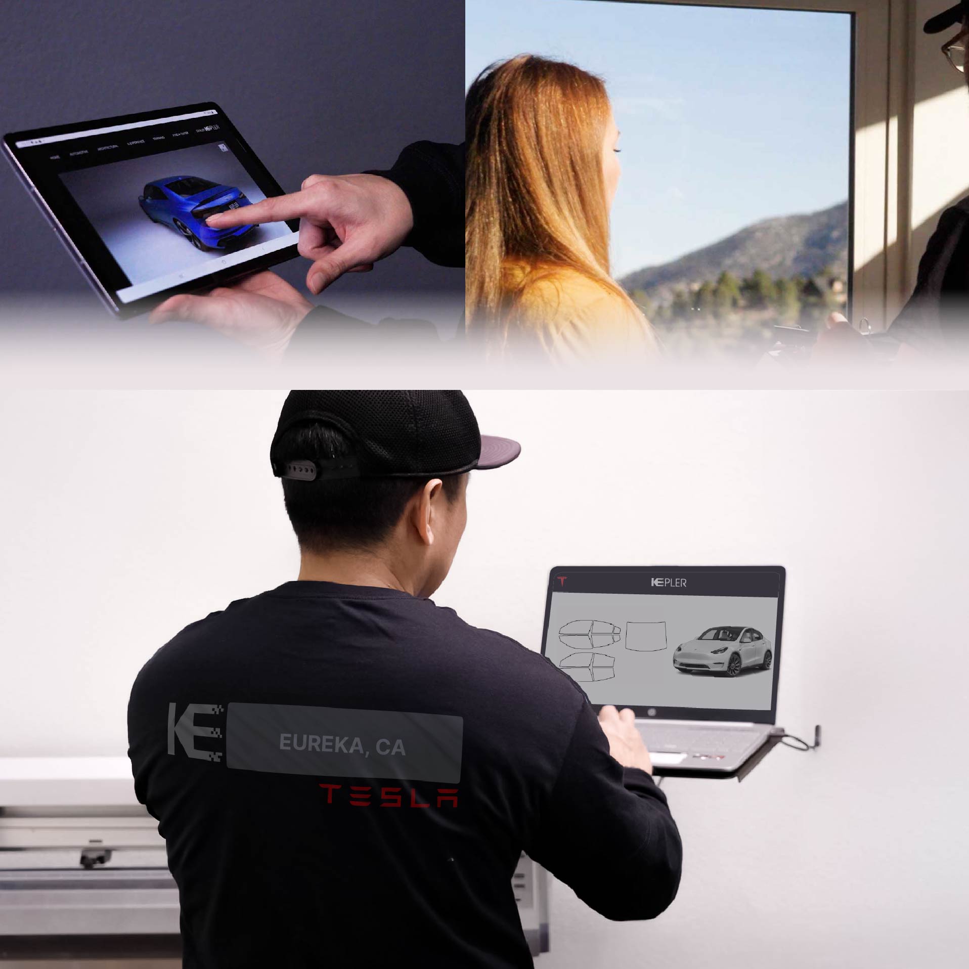Expert Technician Installing Advanced Window Tint to Tesla in Eureka