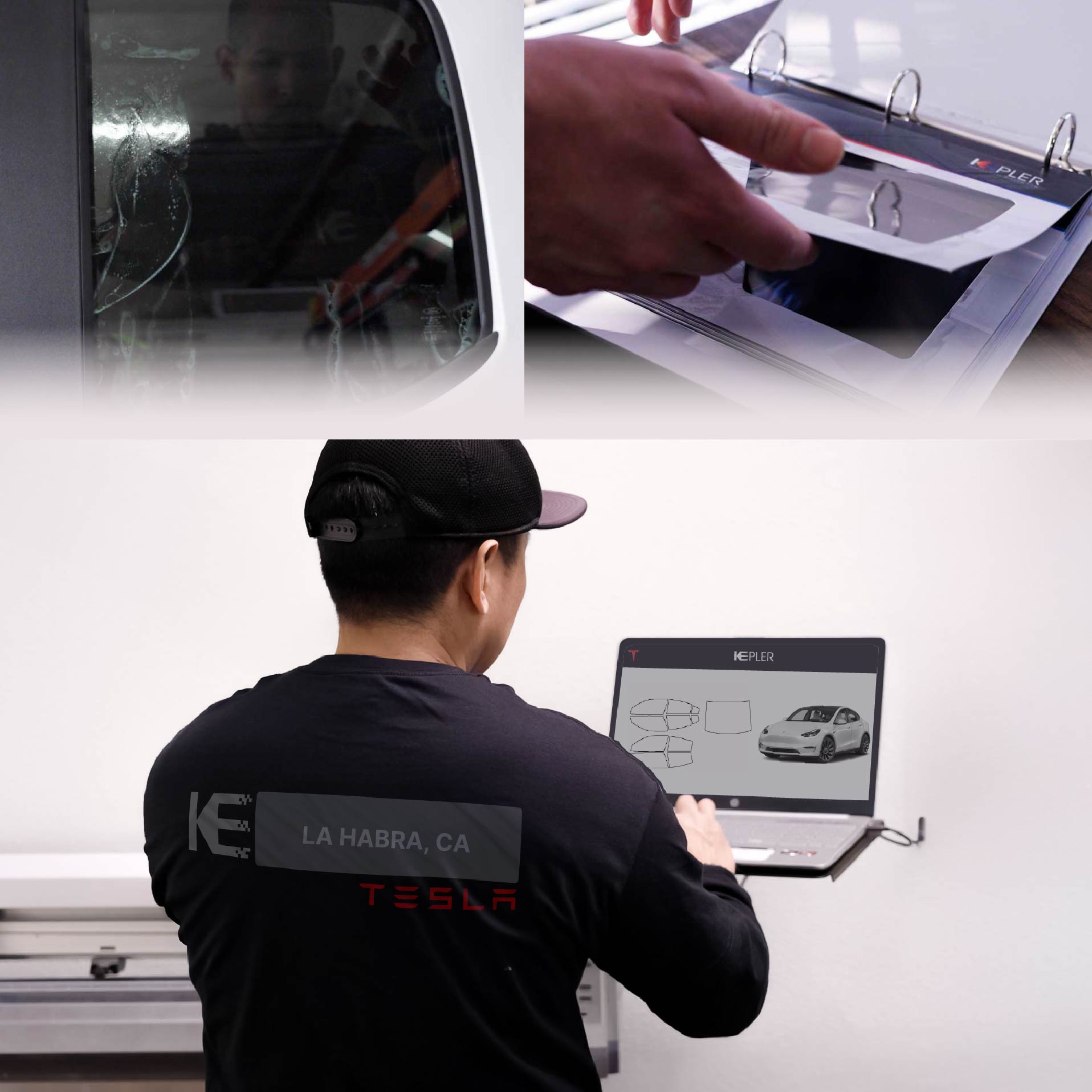 Expert Technician Fitting High-tech Window Tint to Tesla in La Habra