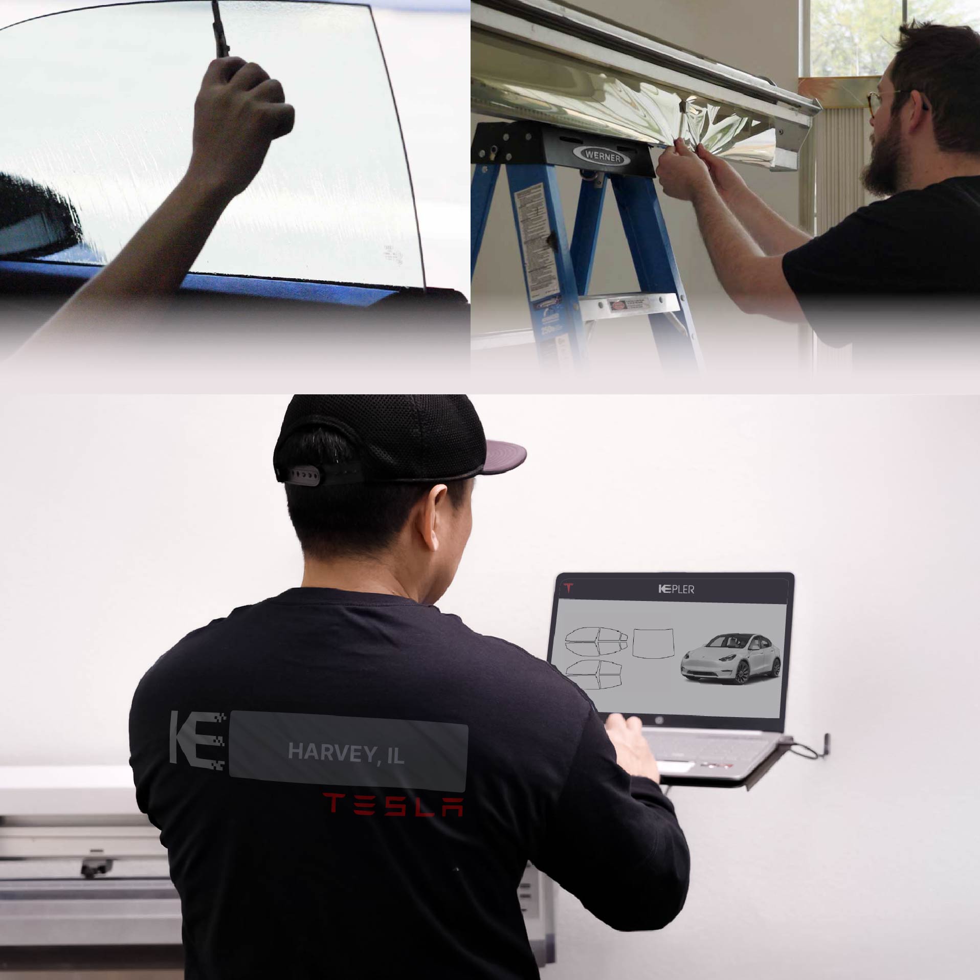 Expert Technician Fitting High-tech Window Tint to Tesla in Harvey