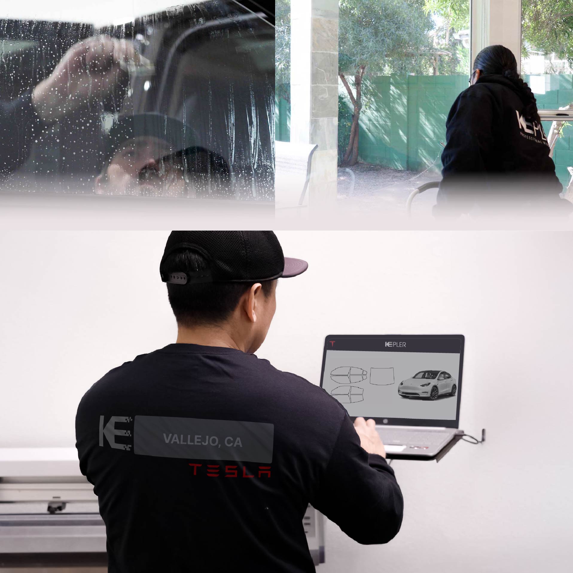 Expert Technician Applying Ceramic Window Tint to Tesla in Vallejo