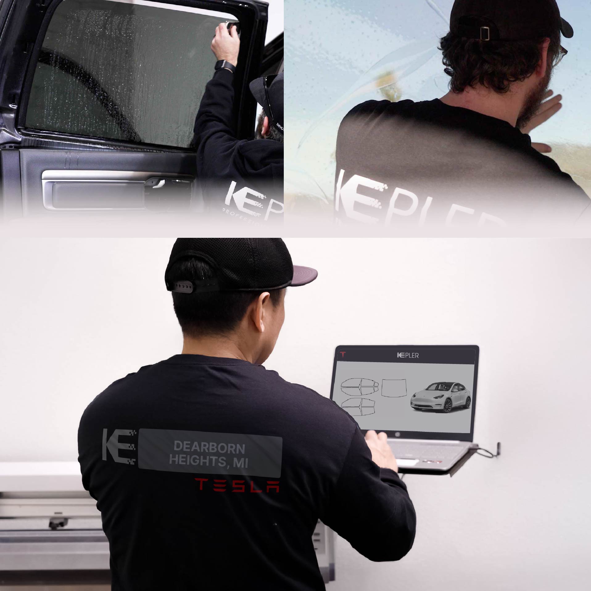Kepler Technician Installing Advanced Window Tint to Tesla in Dearborn Heights
