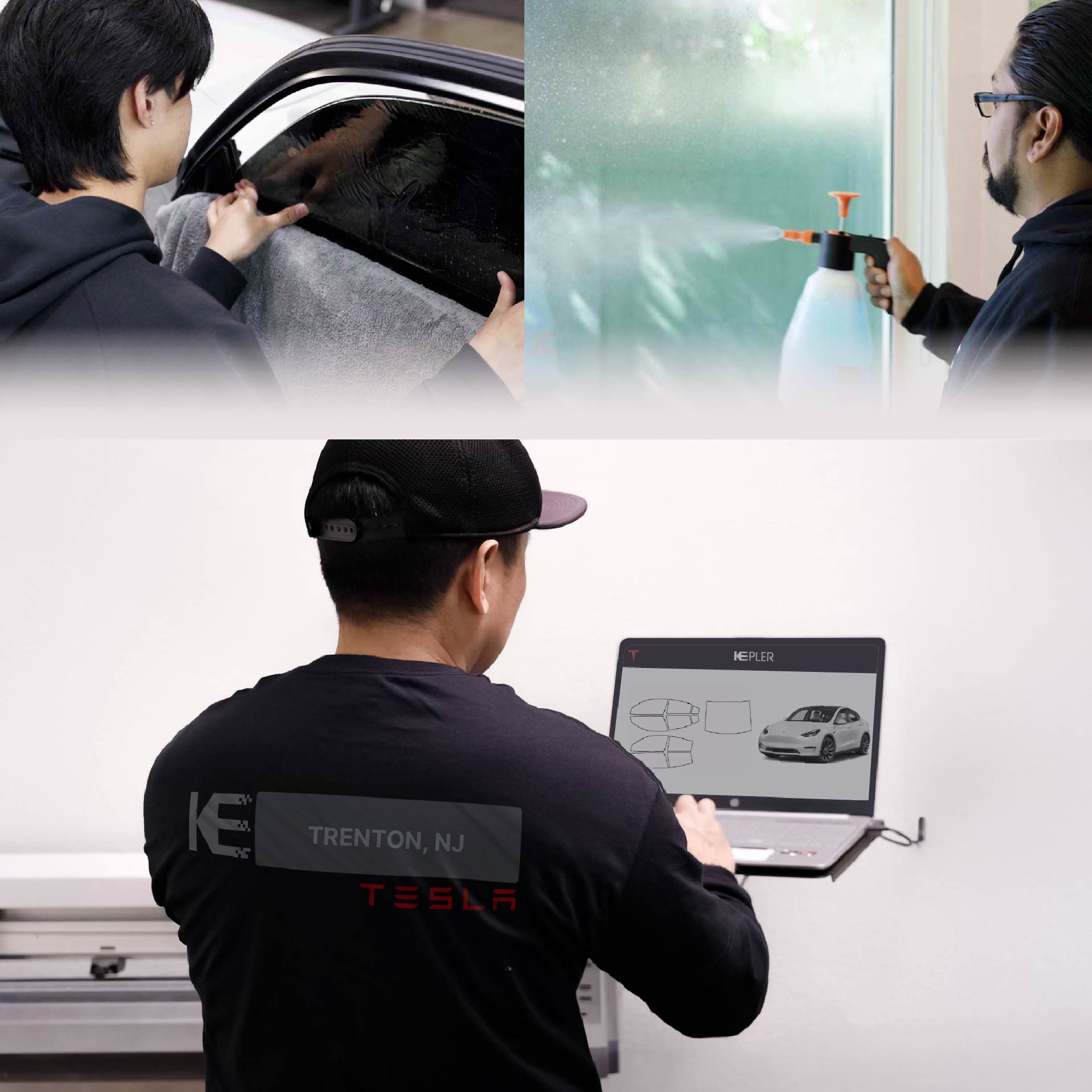 Expert Technician Fitting Ceramic Window Tint to Tesla in Trenton