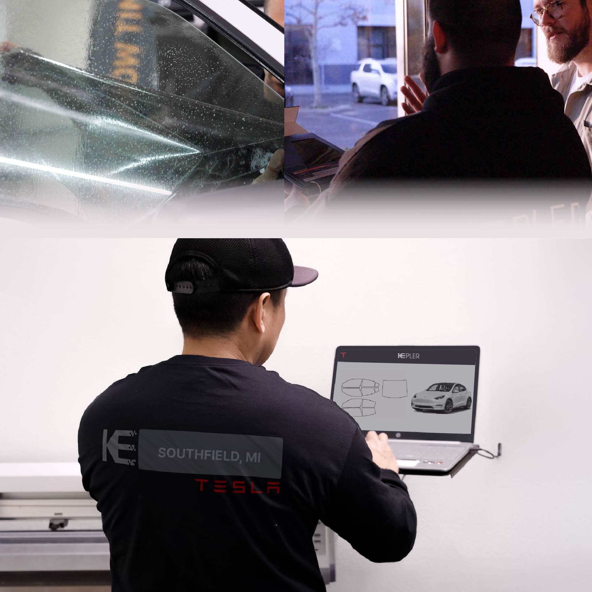 Kepler Technician Installing Advanced Window Tint to Tesla in Southfield