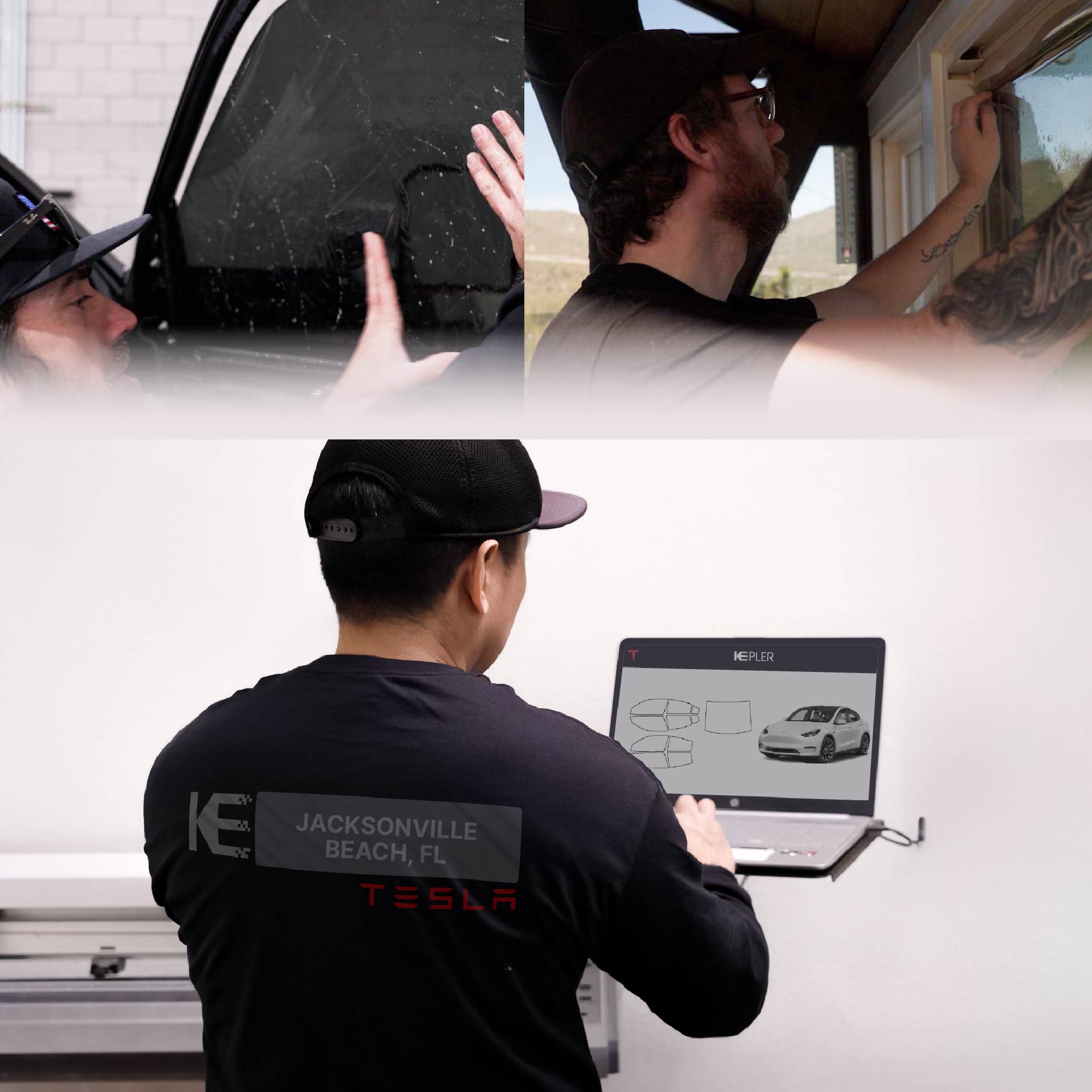 Expert Technician Installing Advanced Window Tint to Tesla in Jacksonville Beach