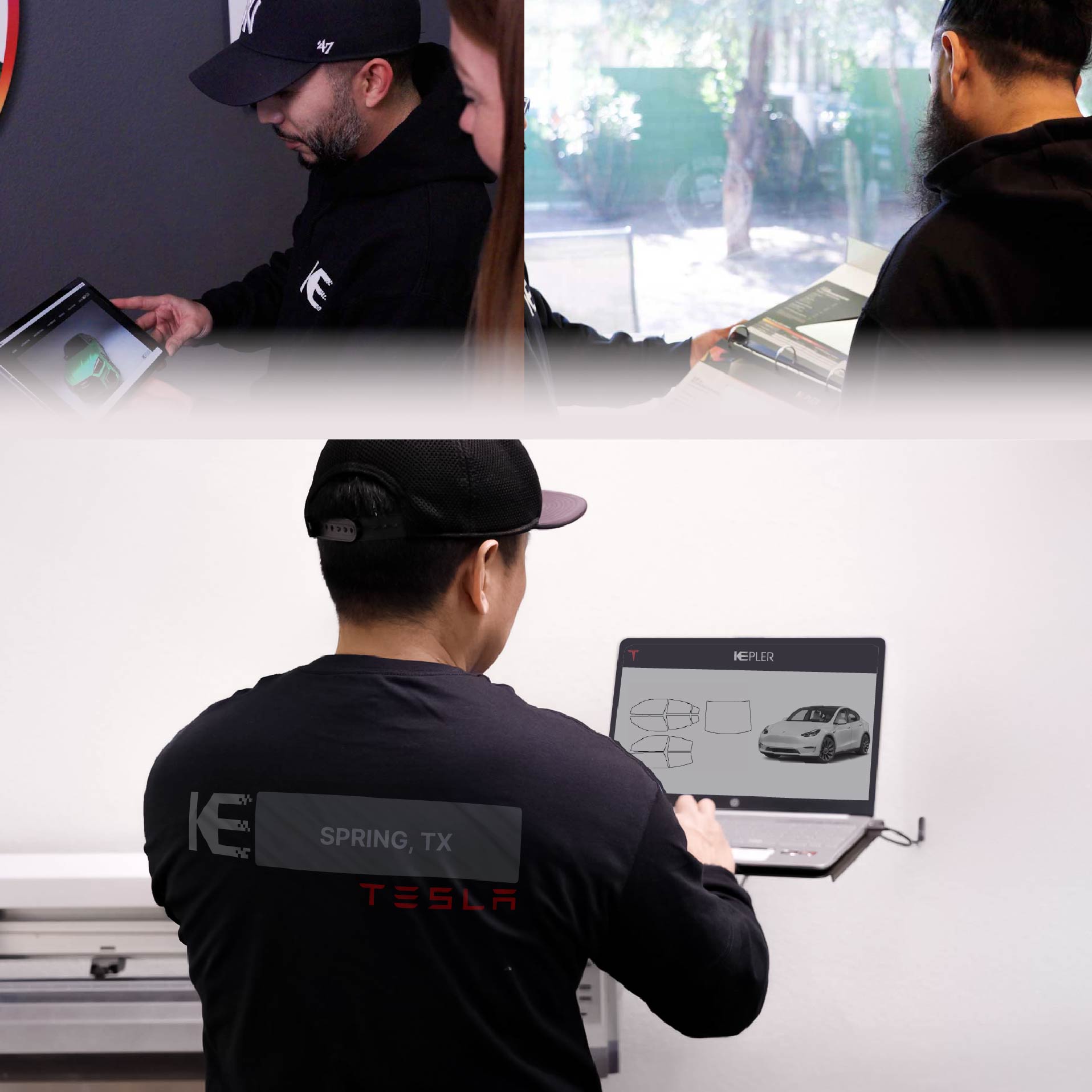 Expert Technician Applying Advanced Window Tint to Tesla in Spring