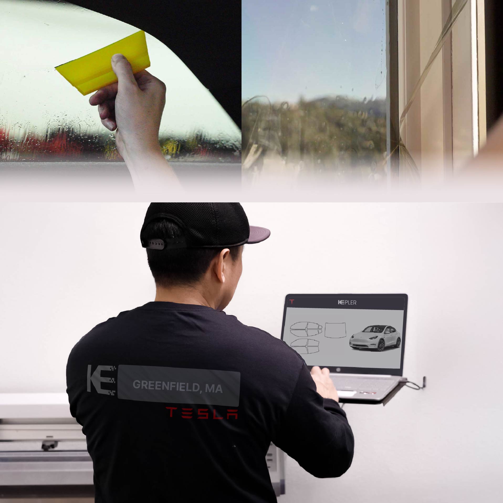 Kepler Technician Applying High-tech Window Tint to Tesla in Greenfield