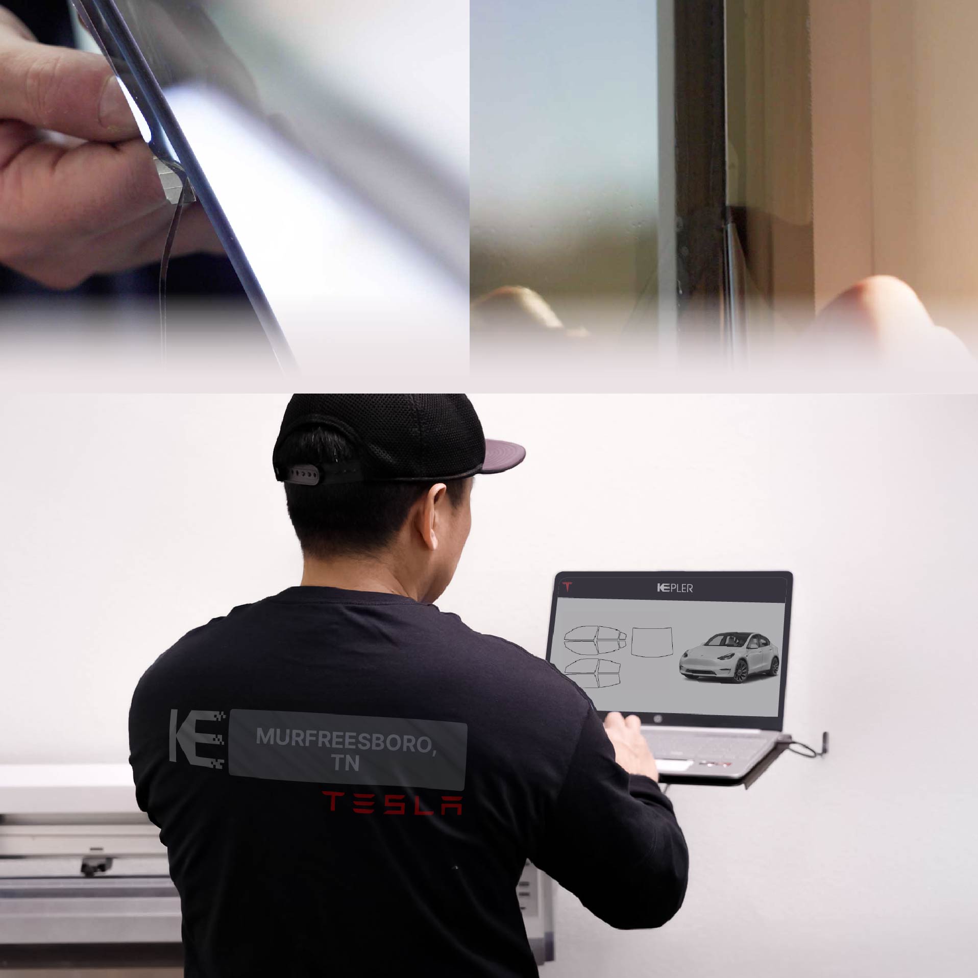Expert Technician Applying Ceramic Window Tint to Tesla in Murfreesboro