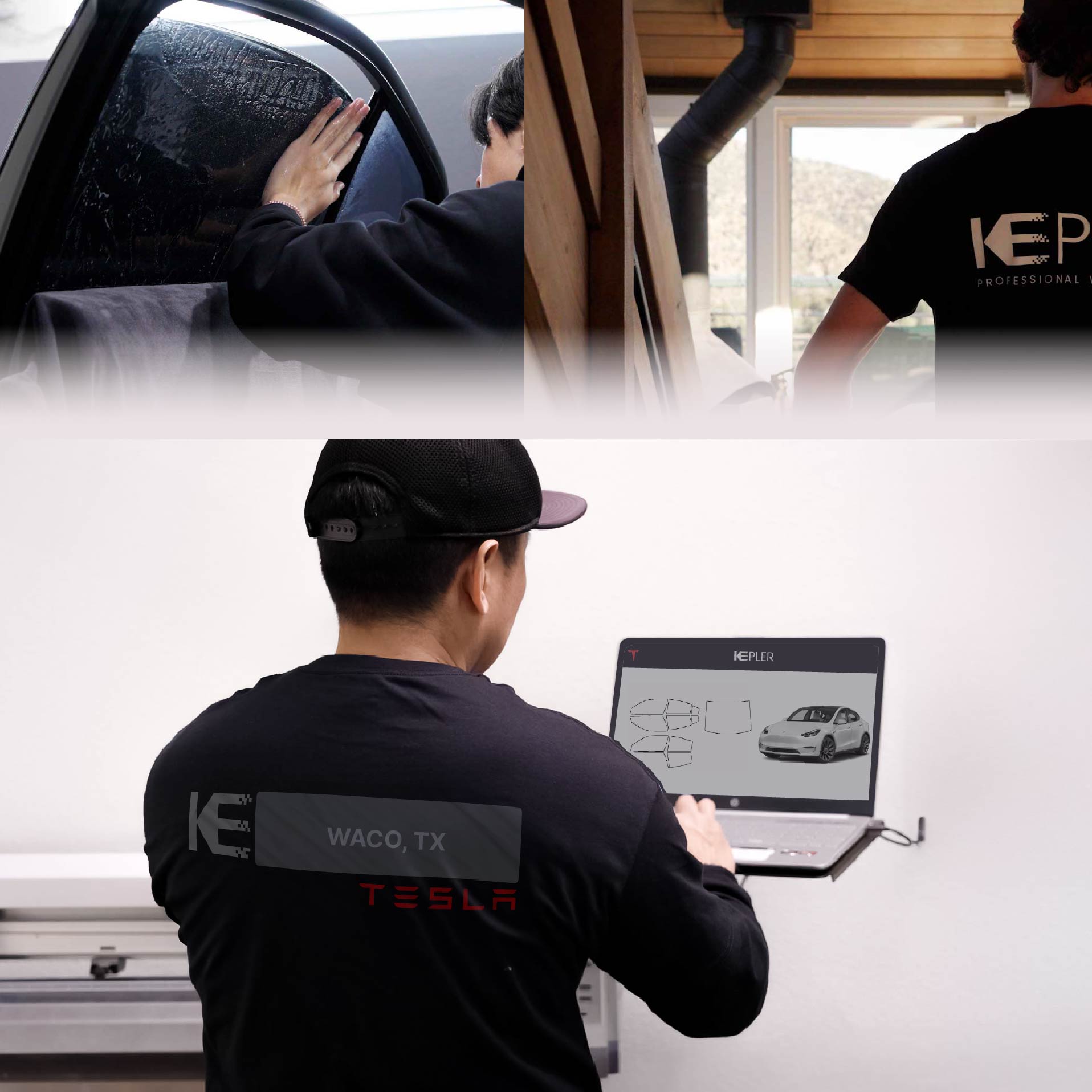 Expert Technician Applying Ceramic Window Tint to Tesla in Waco