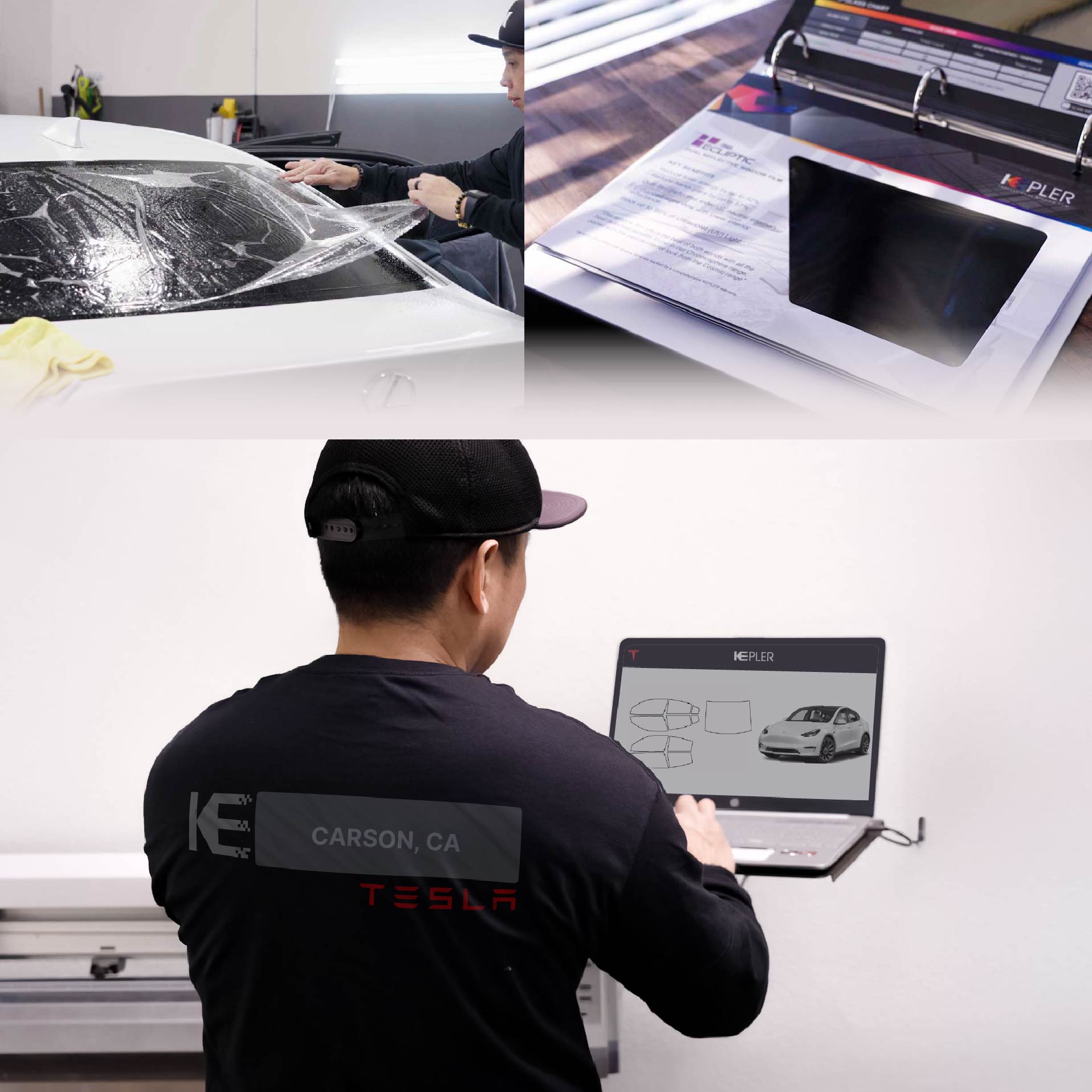 Kepler Technician Installing High-tech Window Tint to Tesla in Carson
