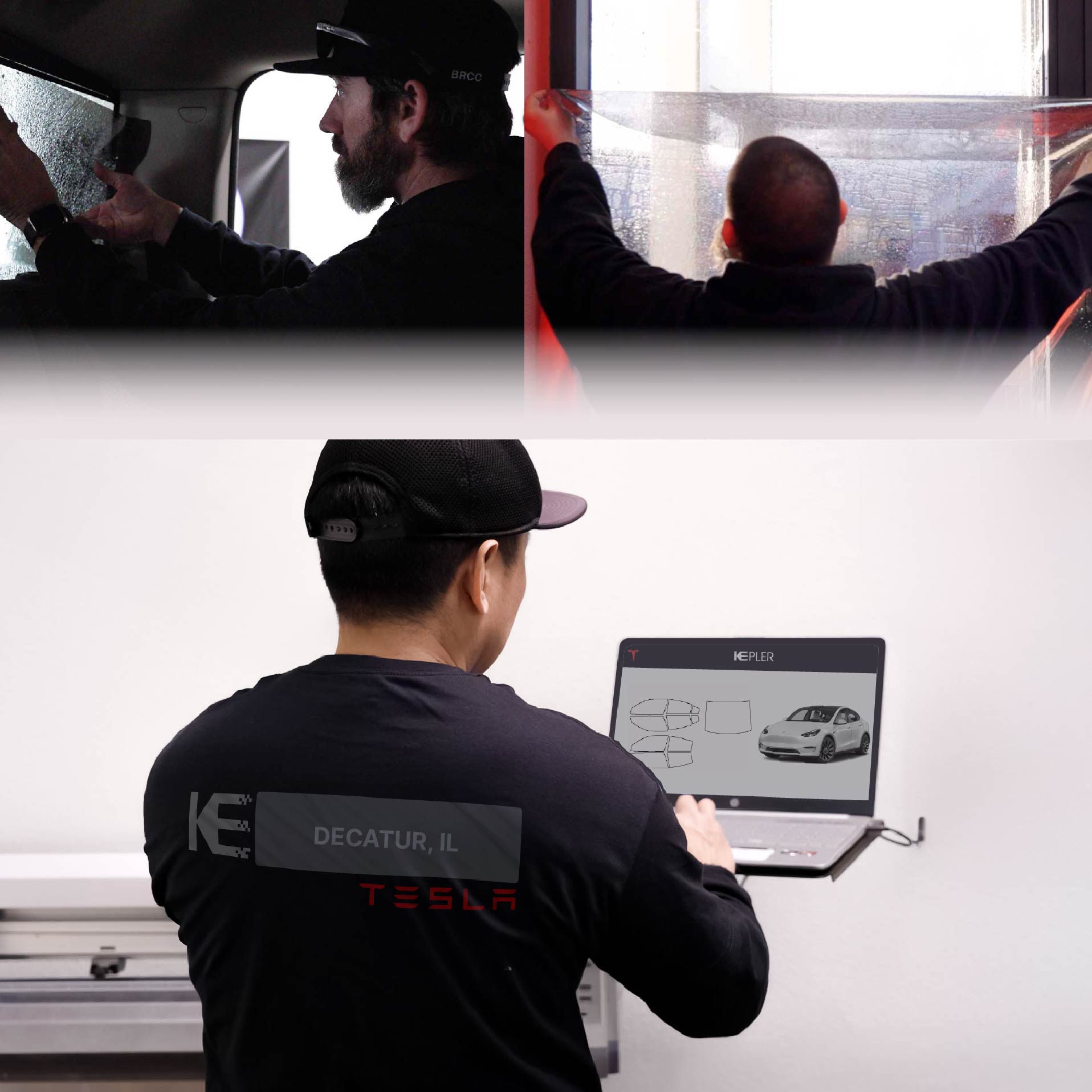 Kepler Technician Fitting Advanced Window Tint to Tesla in Decatur