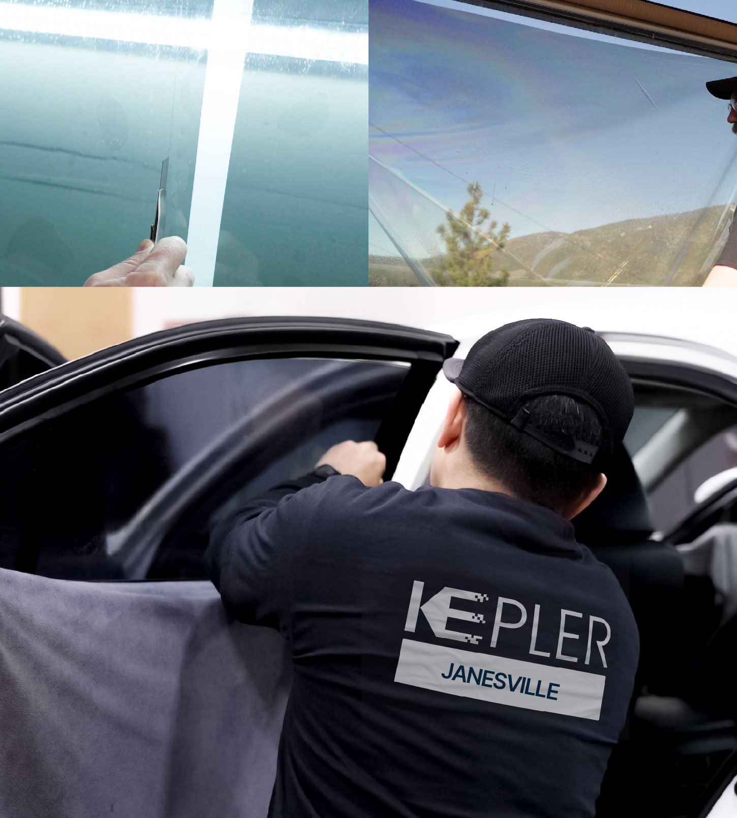 Automotive Window Tinting Expert Applying Film in Janesville, Wisconsin