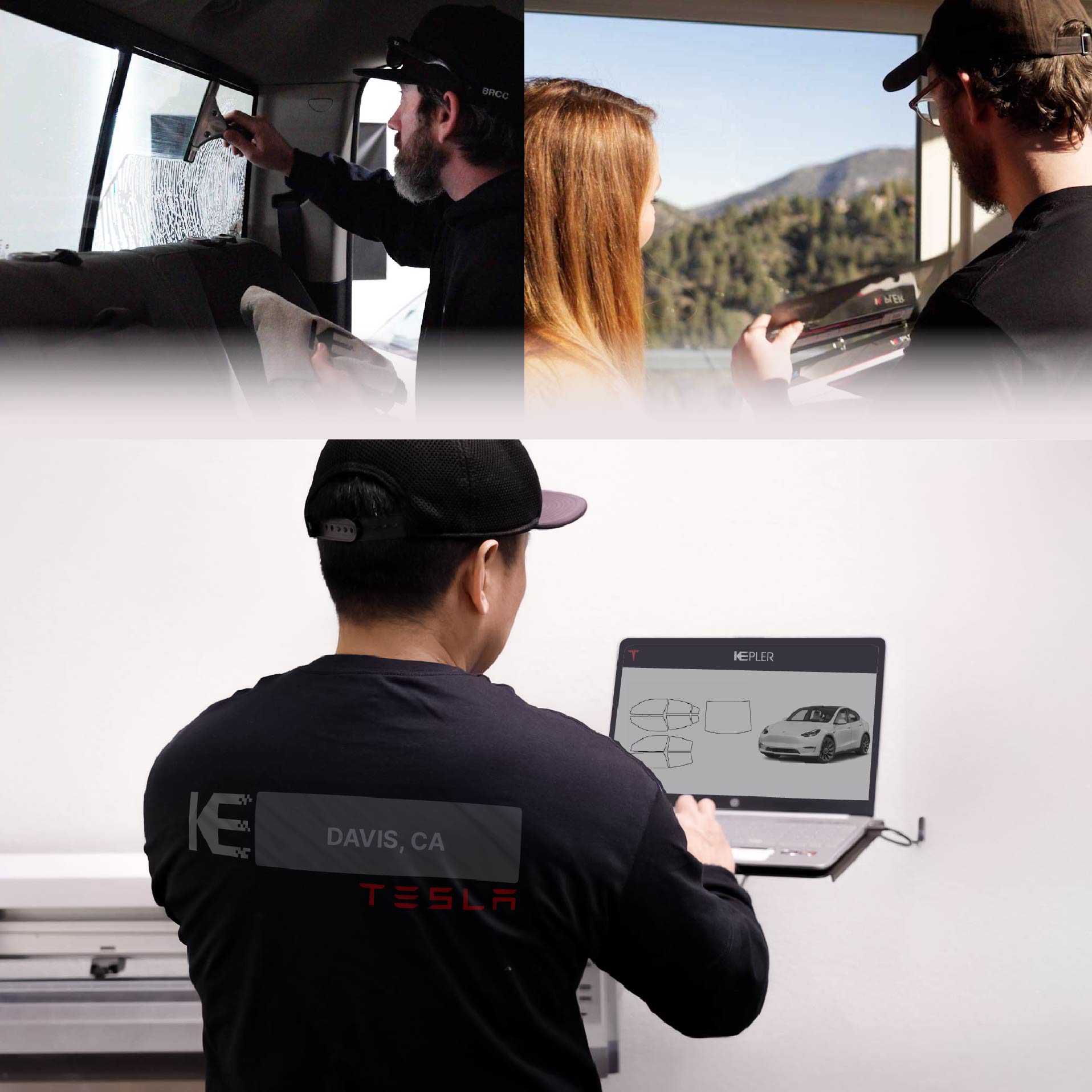 Kepler Technician Installing Ceramic Window Tint to Tesla in Davis