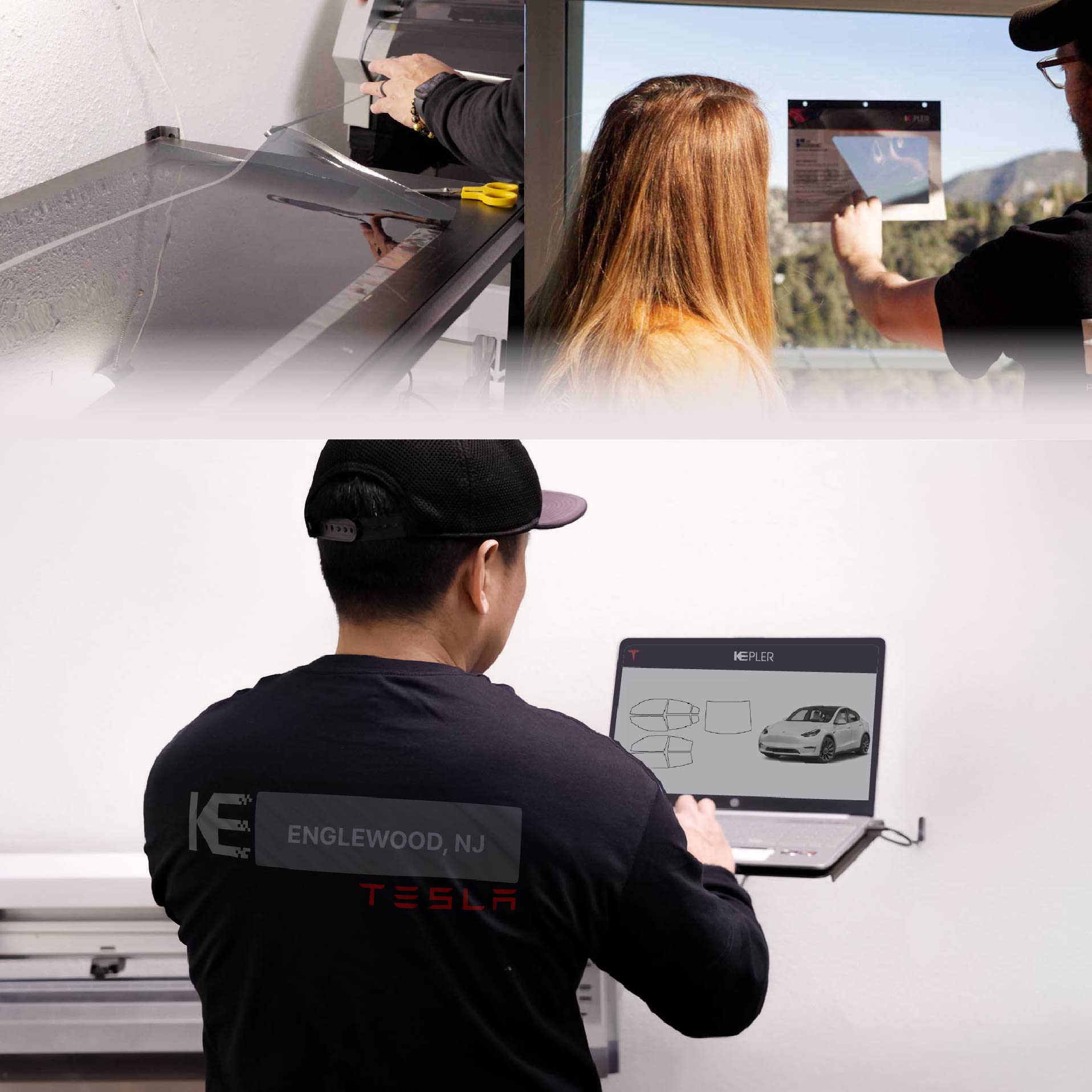 Kepler Technician Fitting High-tech Window Tint to Tesla in Englewood