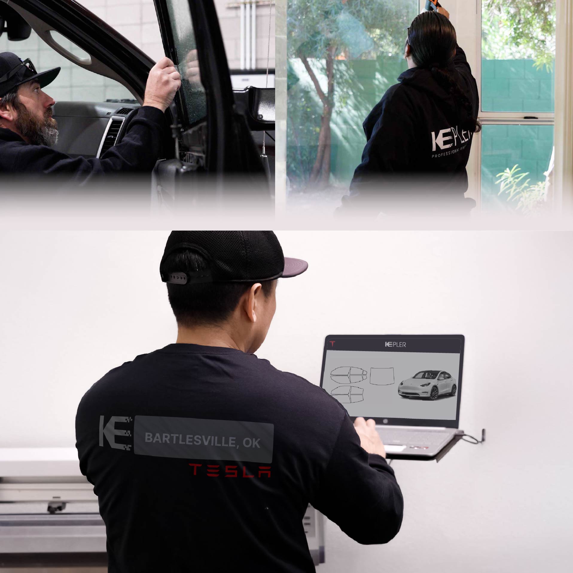 Kepler Technician Fitting Advanced Window Tint to Tesla in Bartlesville