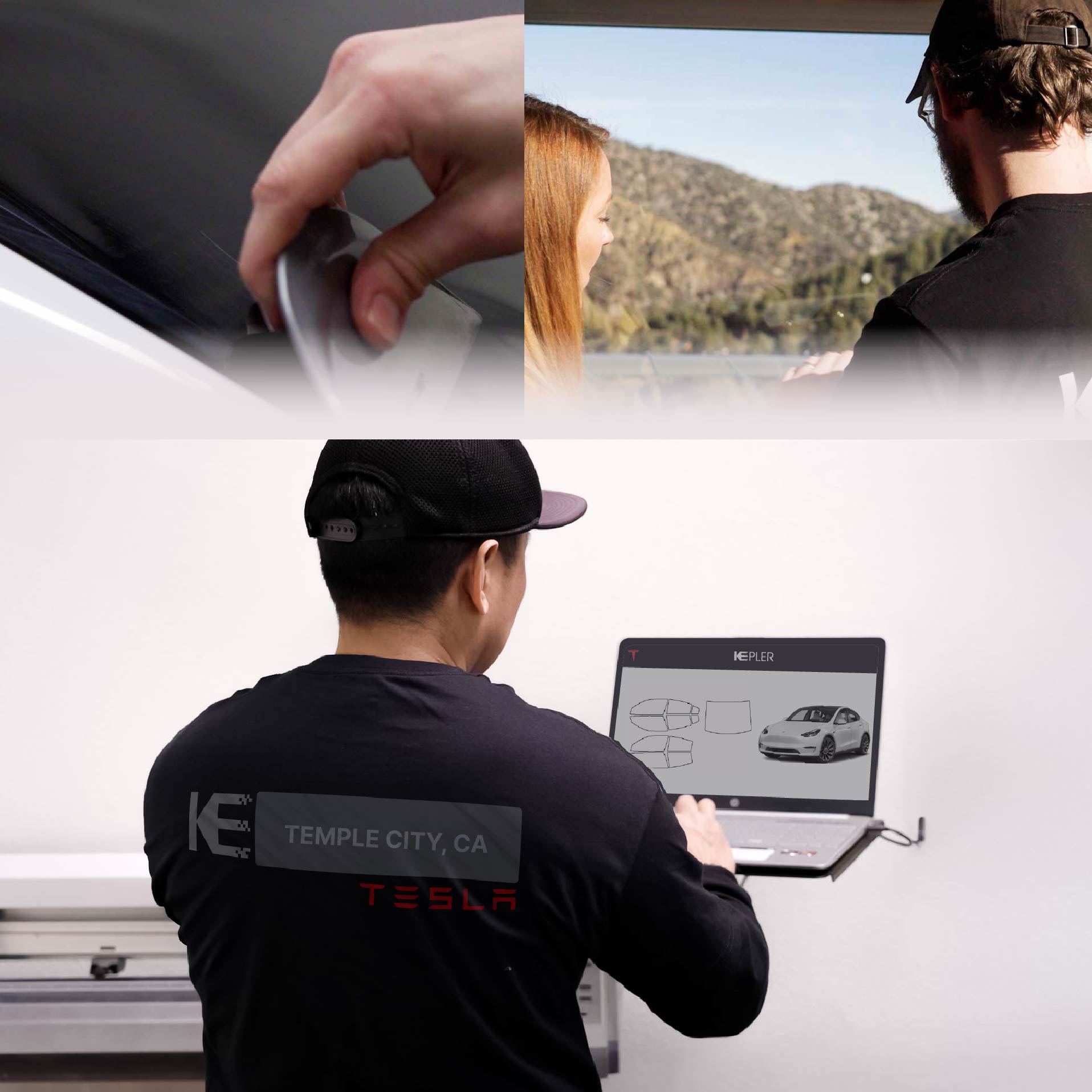 Expert Technician Applying High-tech Window Tint to Tesla in Temple City