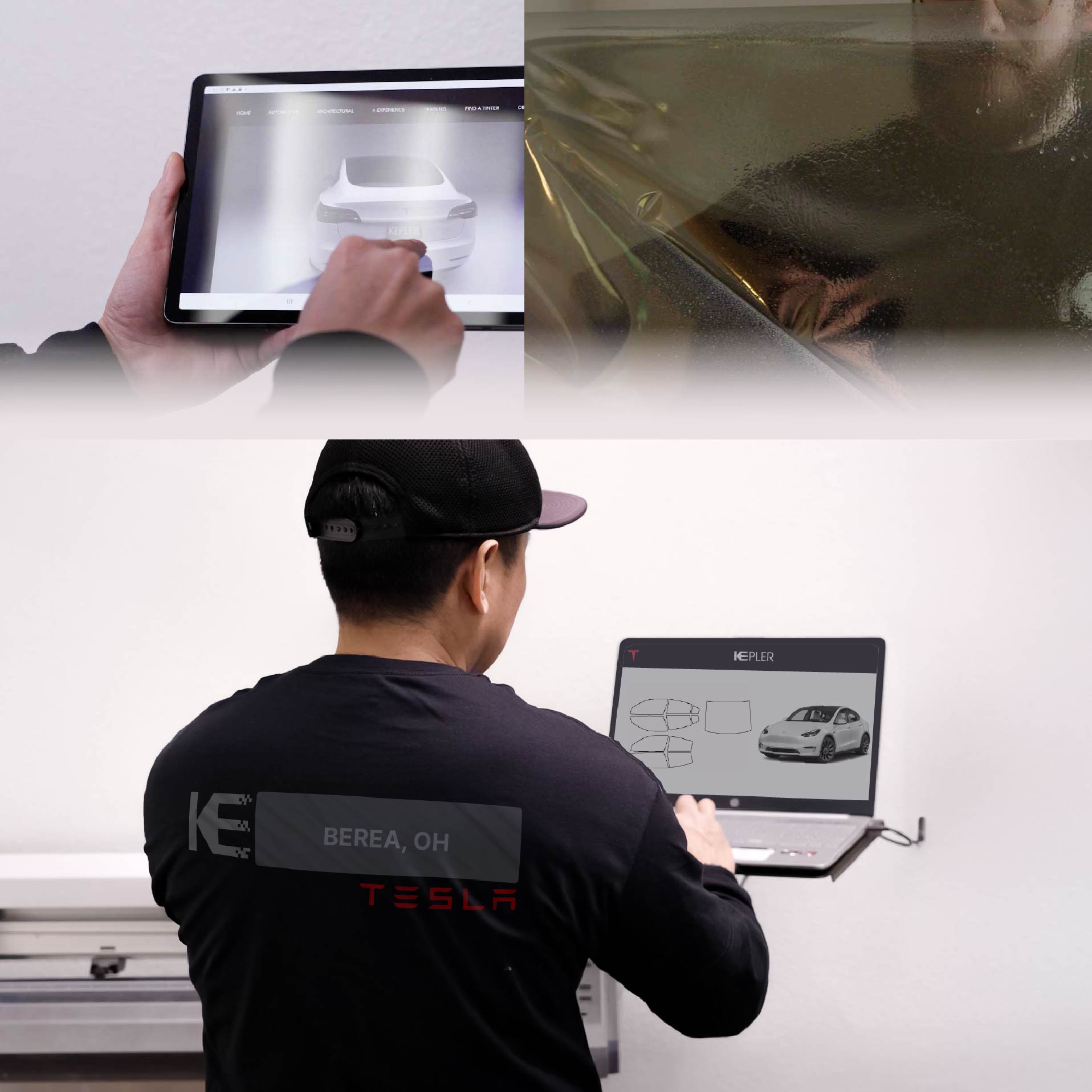 Expert Technician Fitting Advanced Window Tint to Tesla in Berea