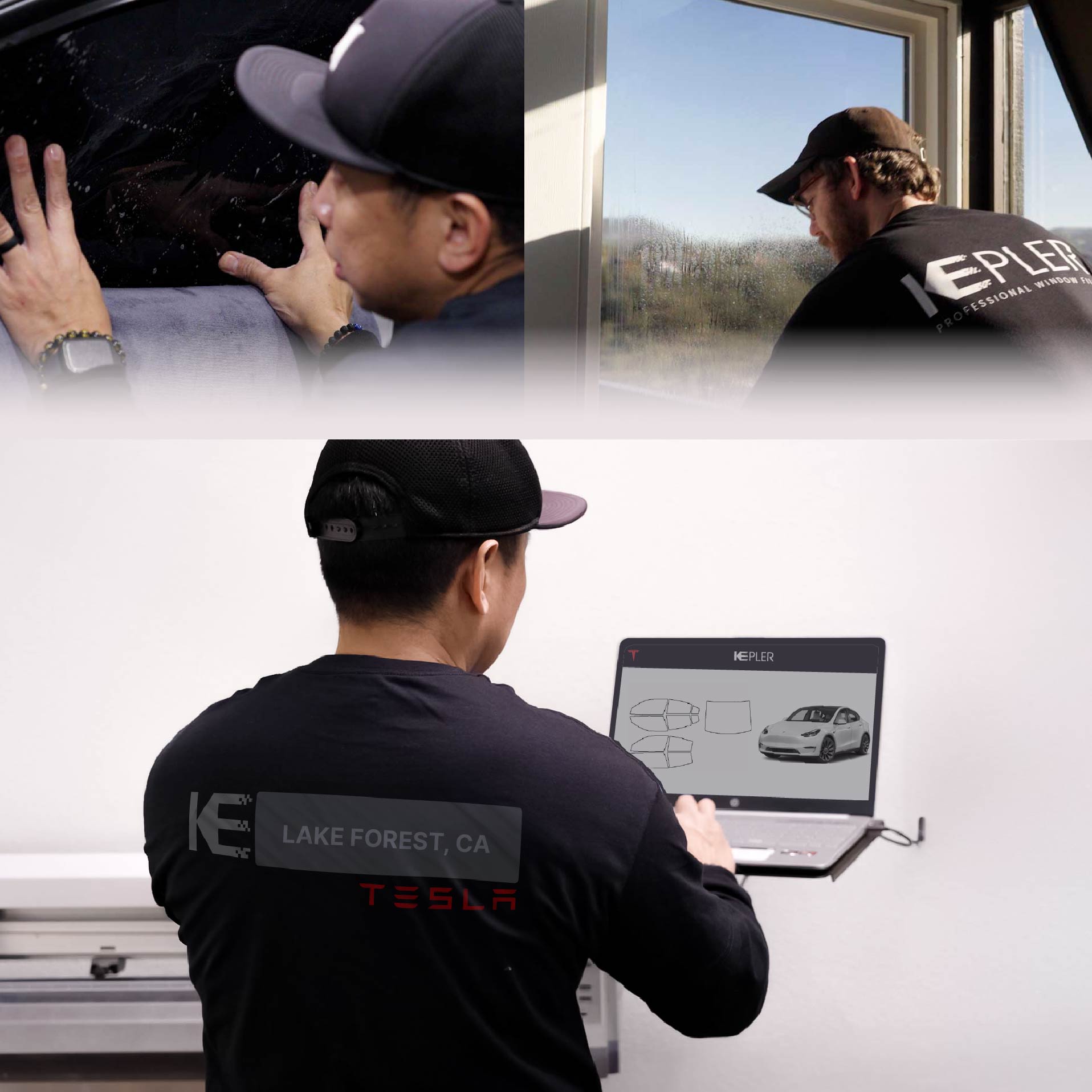 Expert Technician Installing Advanced Window Tint to Tesla in Lake Forest