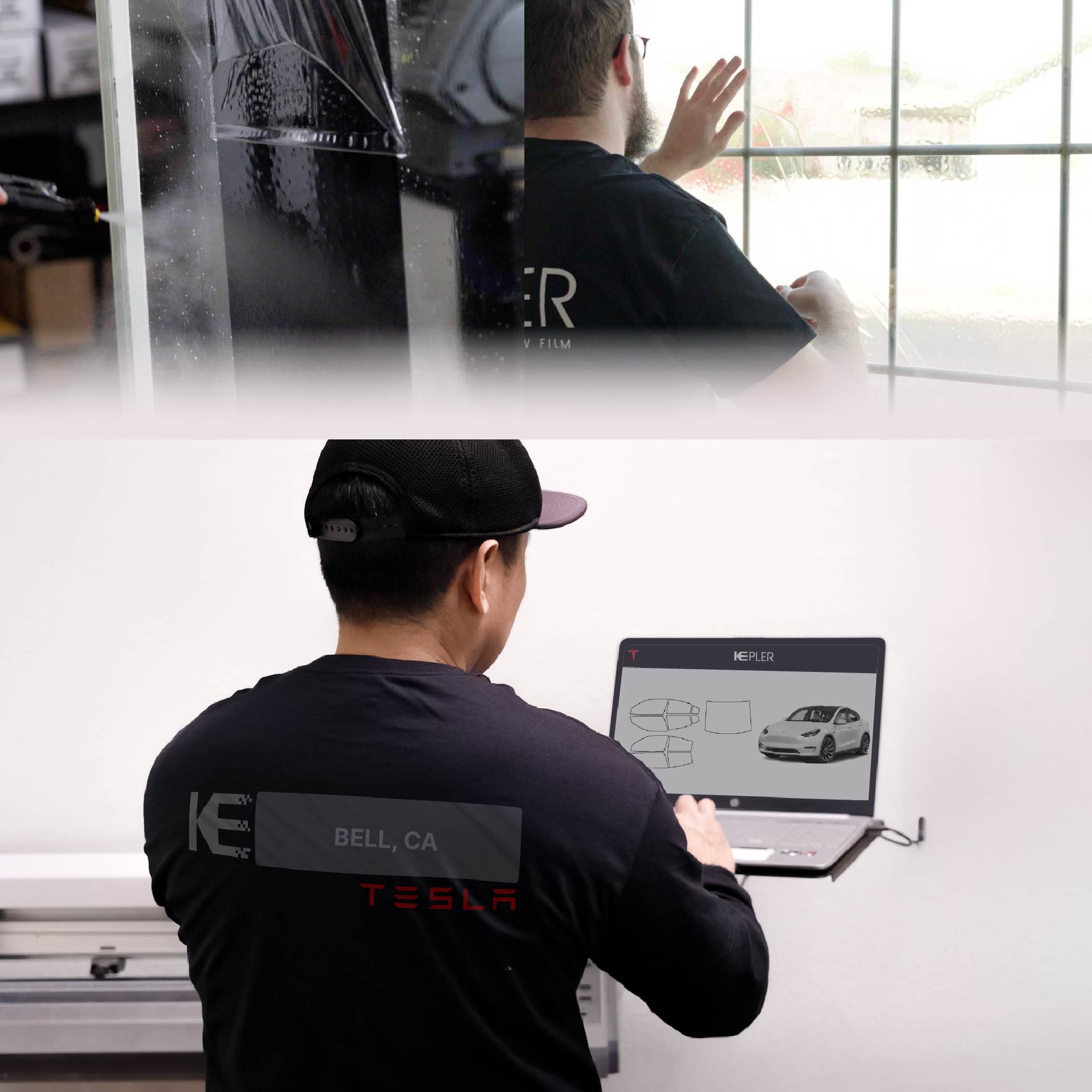 Kepler Technician Applying Ceramic Window Tint to Tesla in Bell