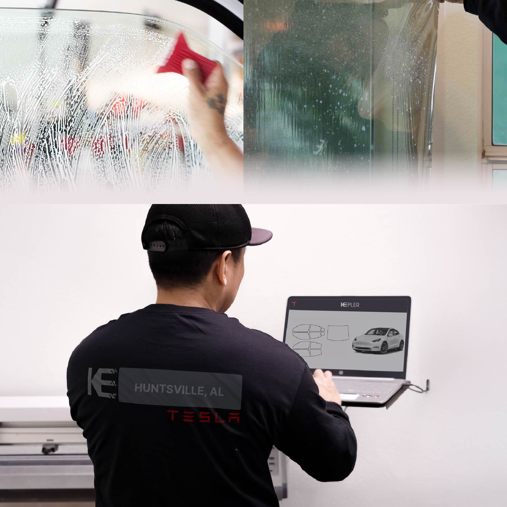 Kepler Technician Fitting High-tech Window Tint to Tesla in Huntsville