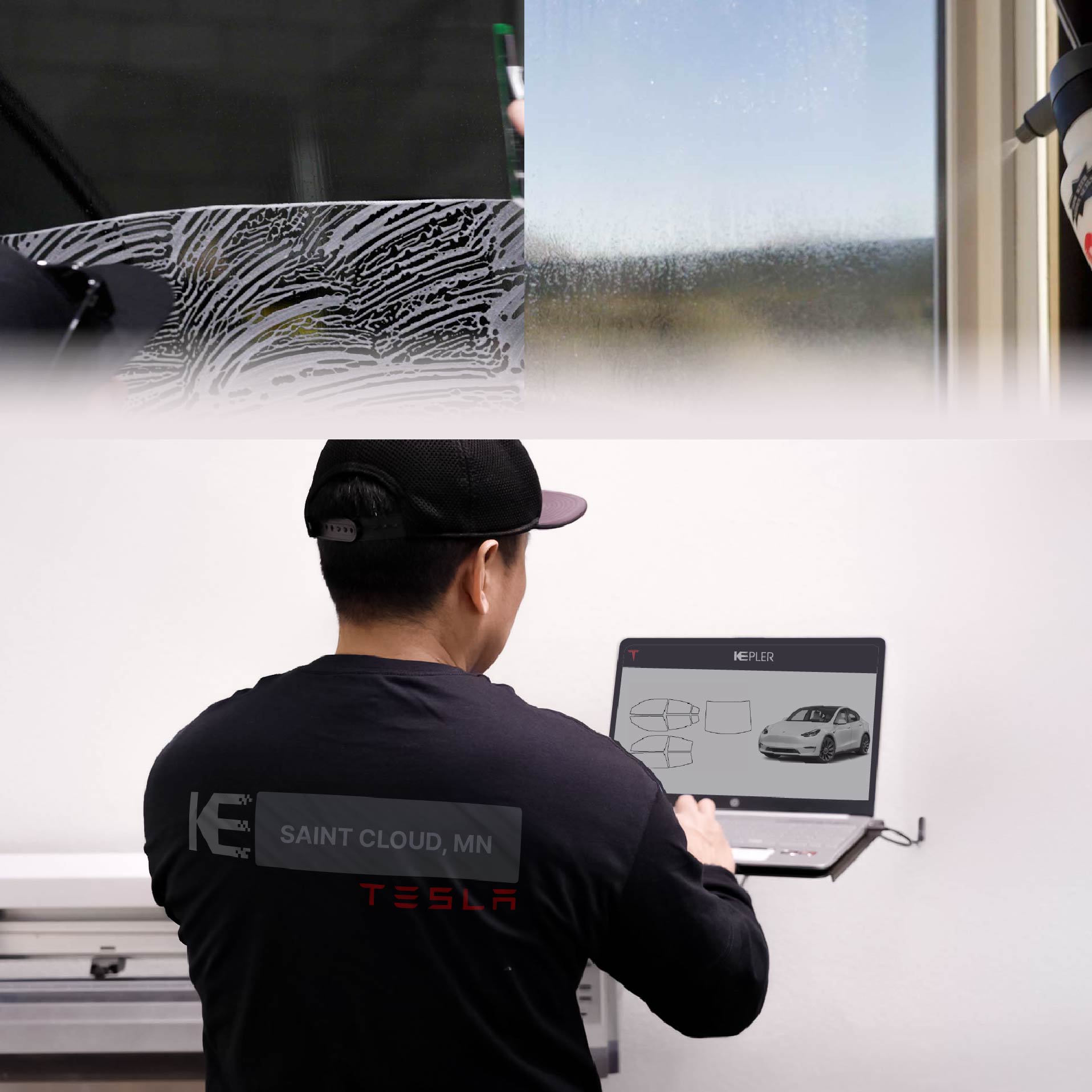 Expert Technician Applying Ceramic Window Tint to Tesla in Saint Cloud