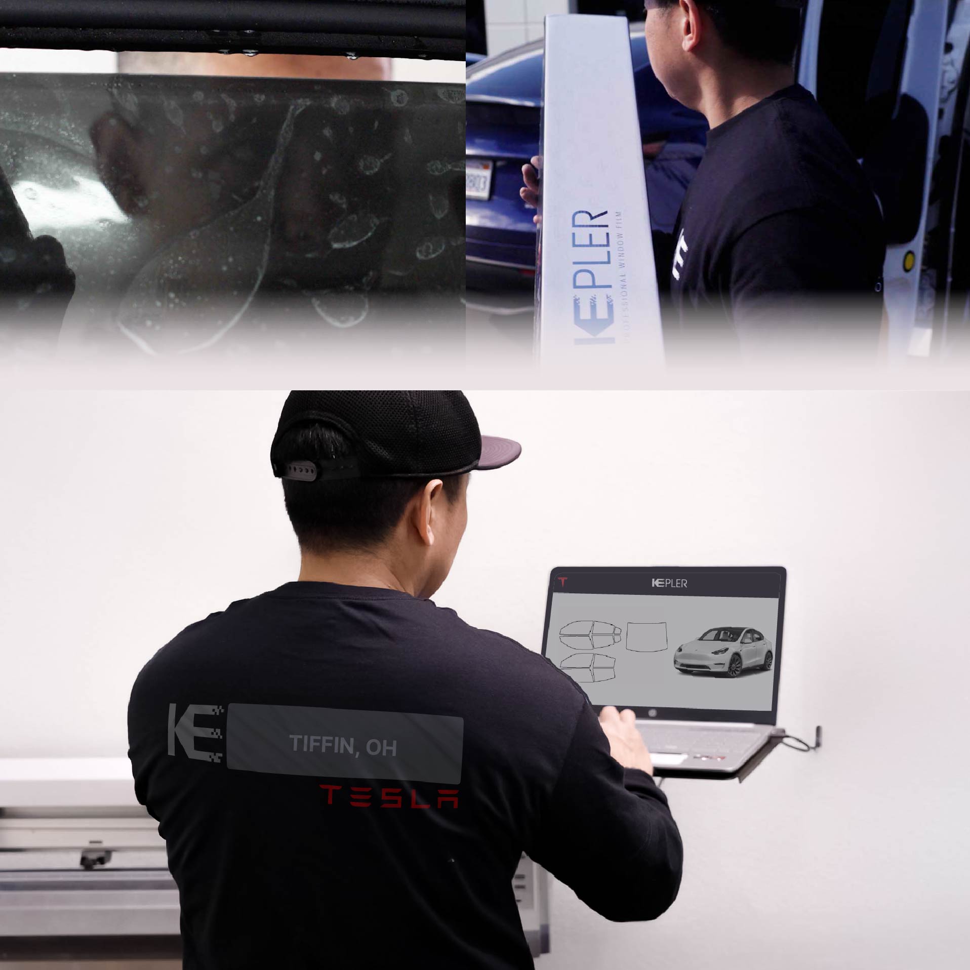 Expert Technician Applying Ceramic Window Tint to Tesla in Tiffin