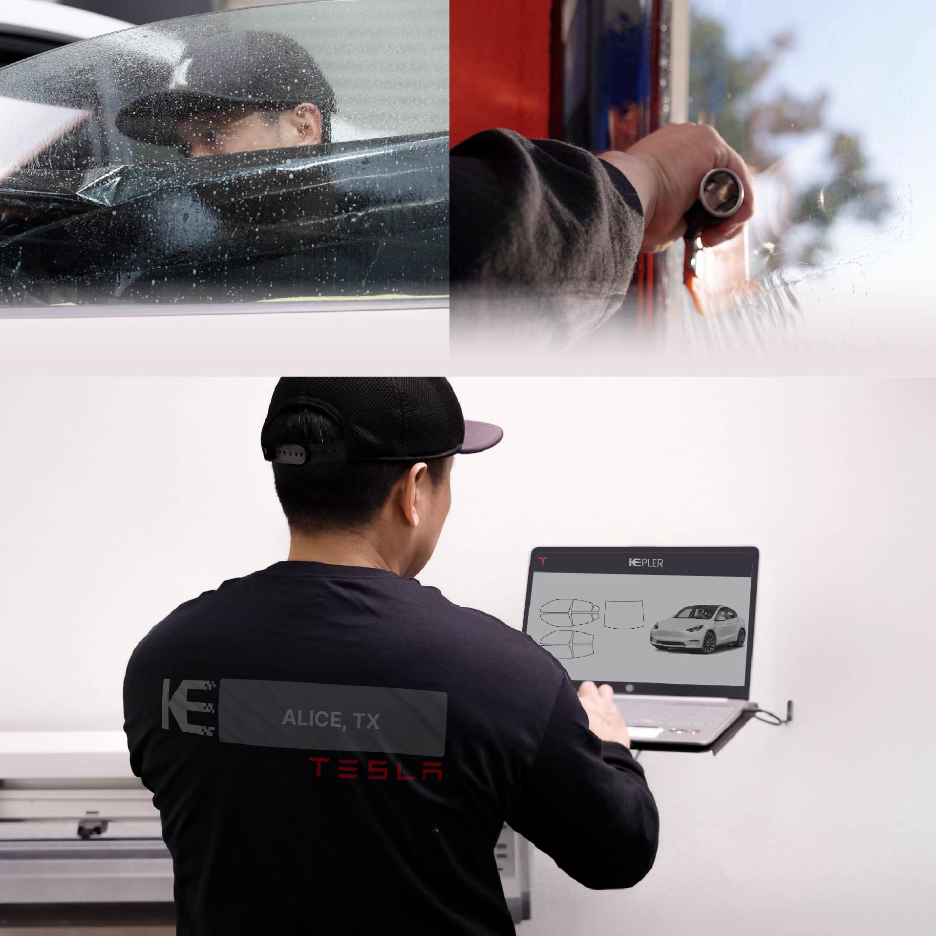 Expert Technician Installing Advanced Window Tint to Tesla in Alice