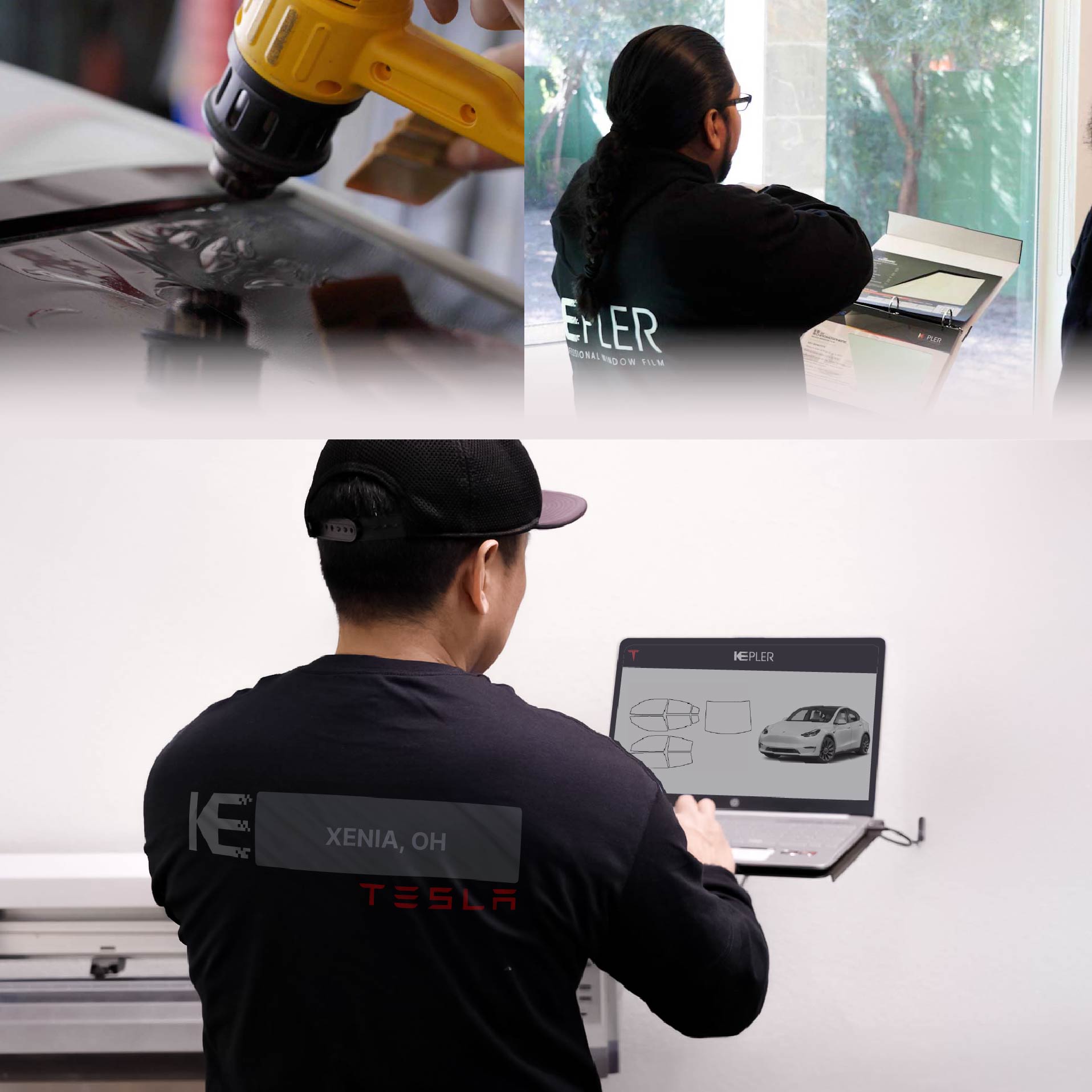 Expert Technician Fitting Advanced Window Tint to Tesla in Xenia