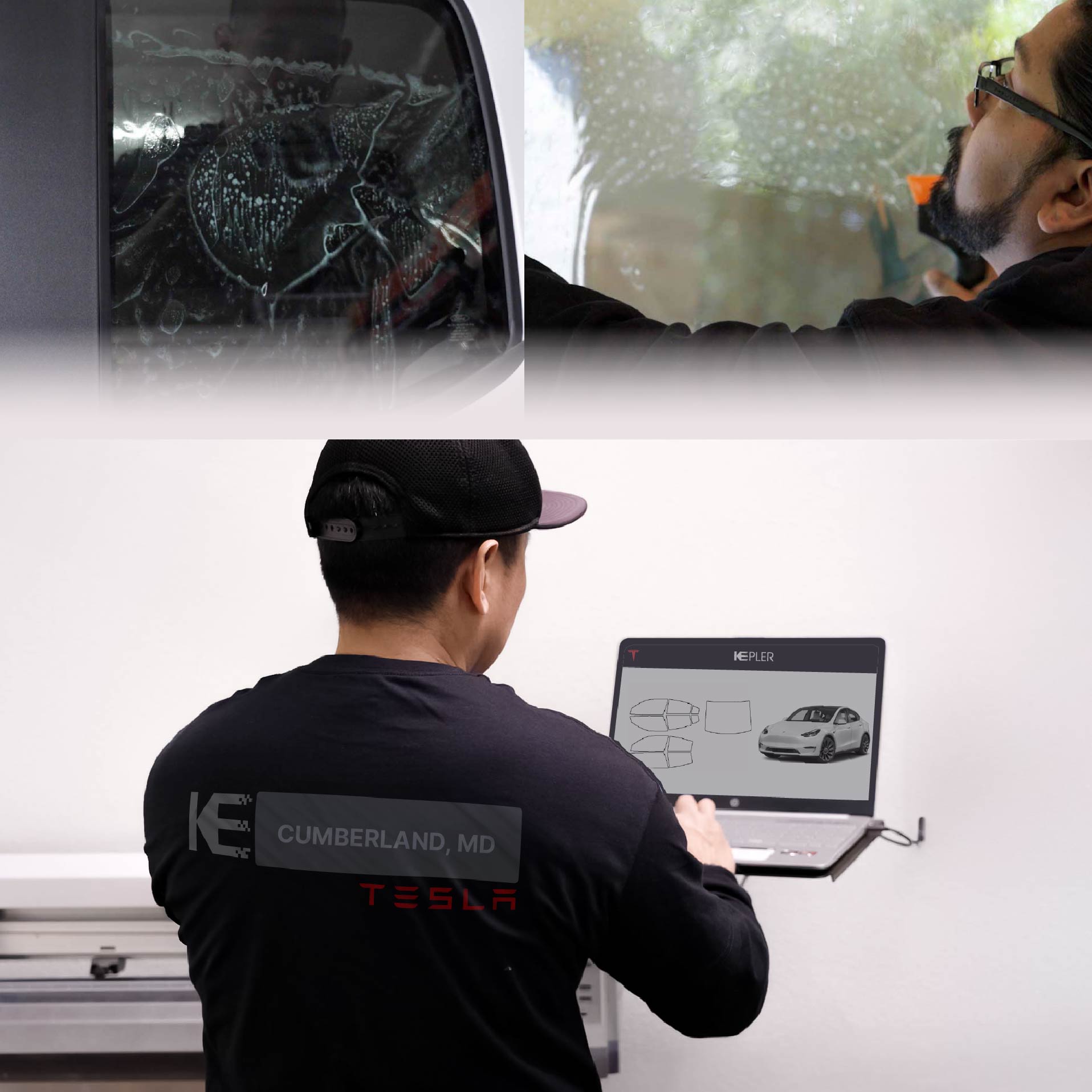 Expert Technician Installing High-tech Window Tint to Tesla in Cumberland