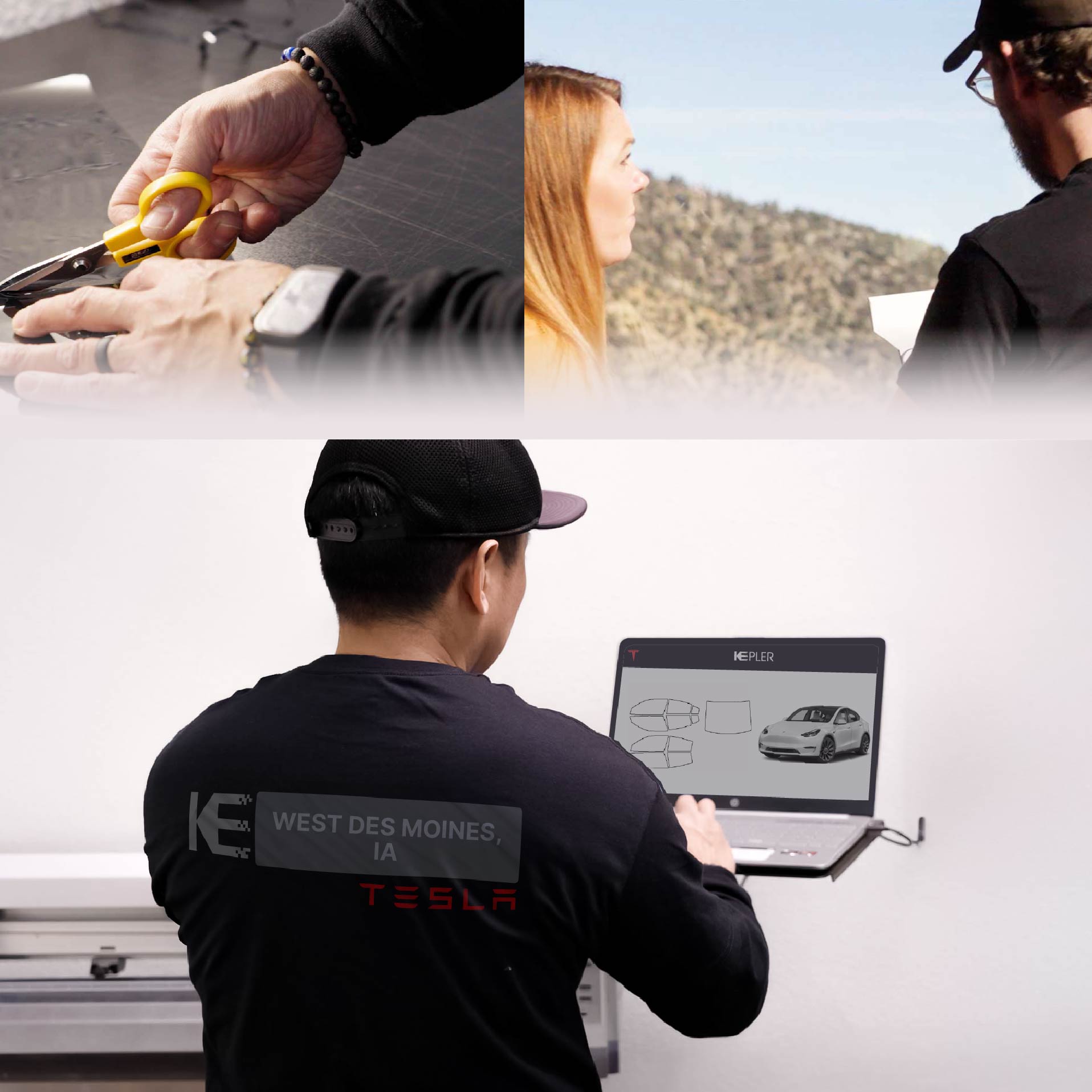 Expert Technician Fitting High-tech Window Tint to Tesla in West Des Moines