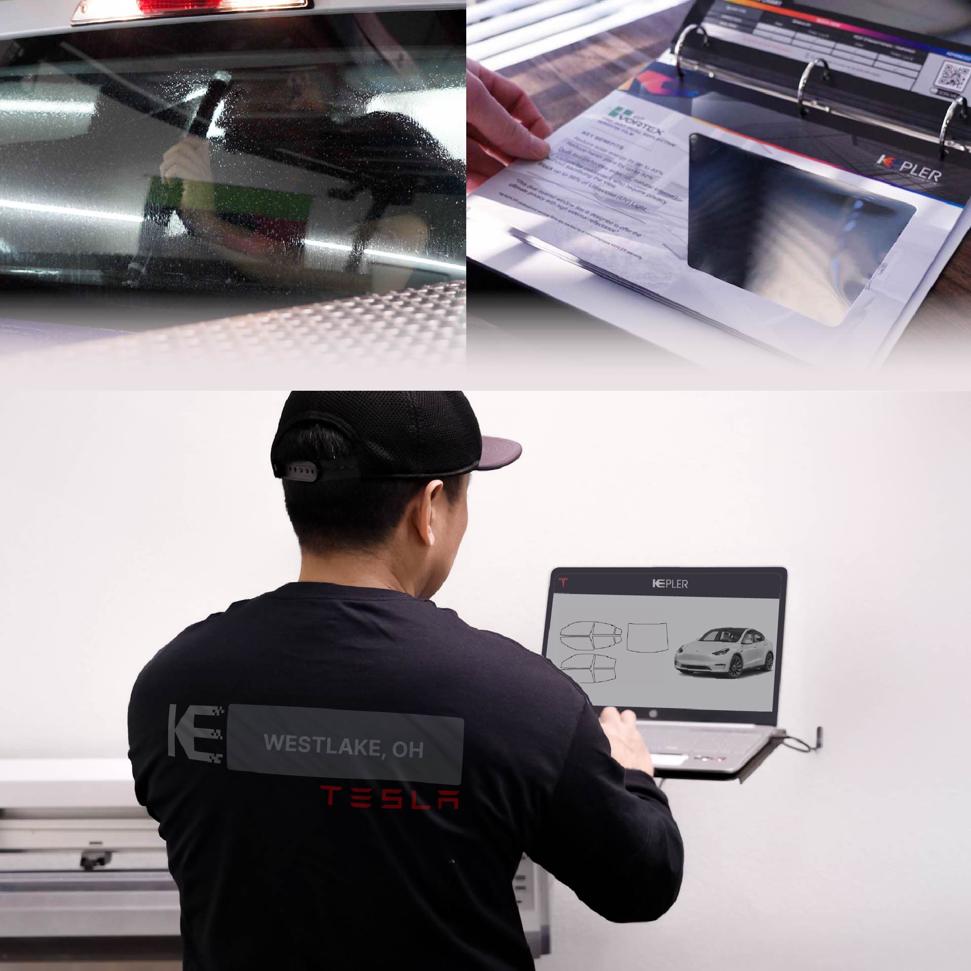 Expert Technician Installing Advanced Window Tint to Tesla in Westlake