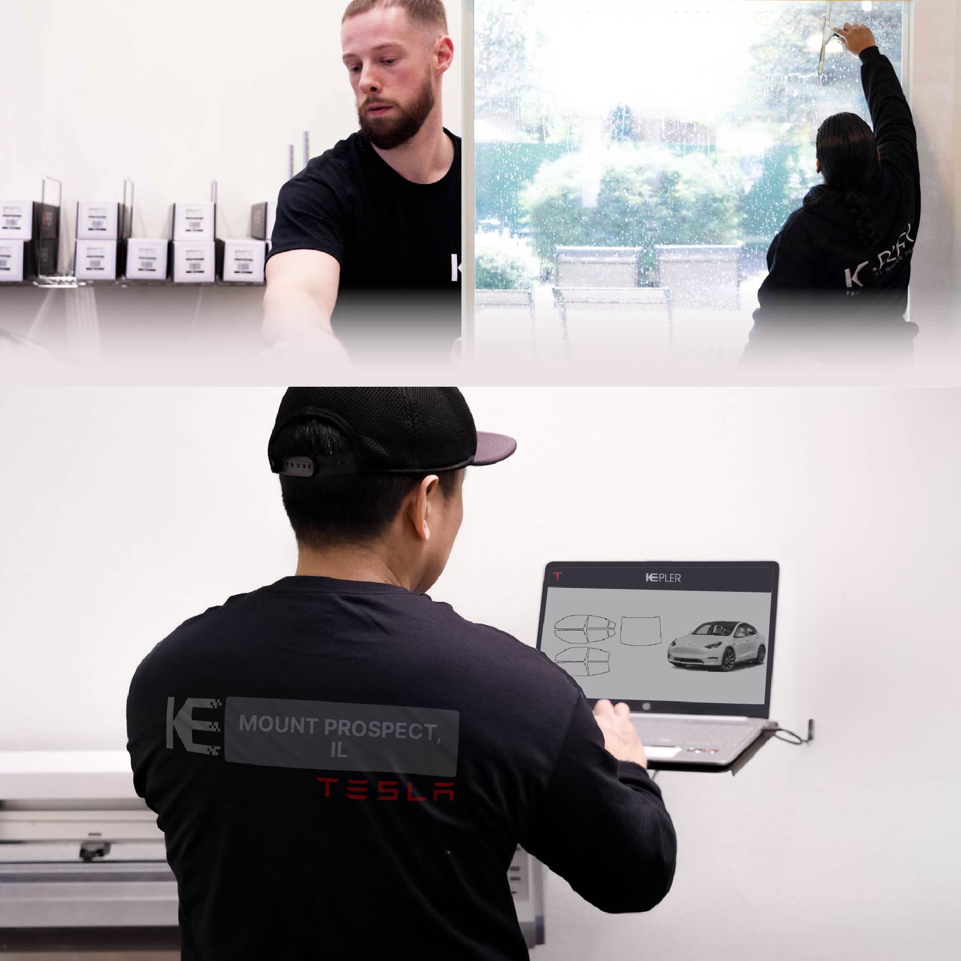 Expert Technician Applying High-tech Window Tint to Tesla in Mount Prospect