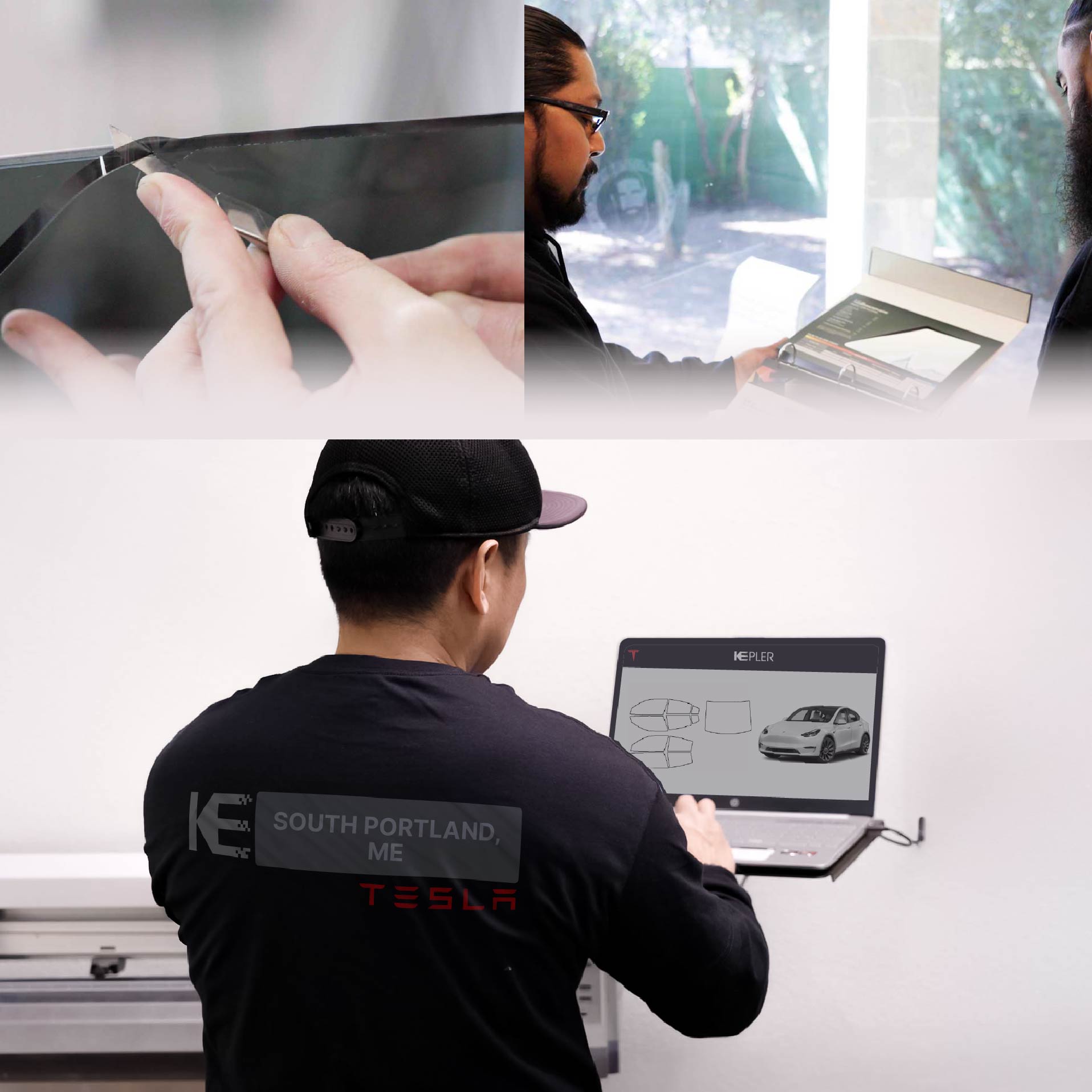 Expert Technician Applying Ceramic Window Tint to Tesla in South Portland