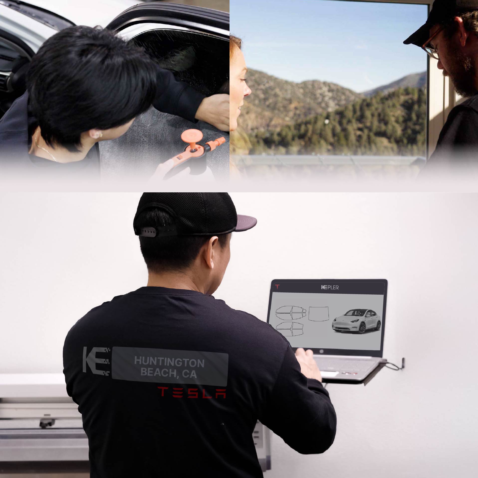 Expert Technician Installing High-tech Window Tint to Tesla in Huntington Beach