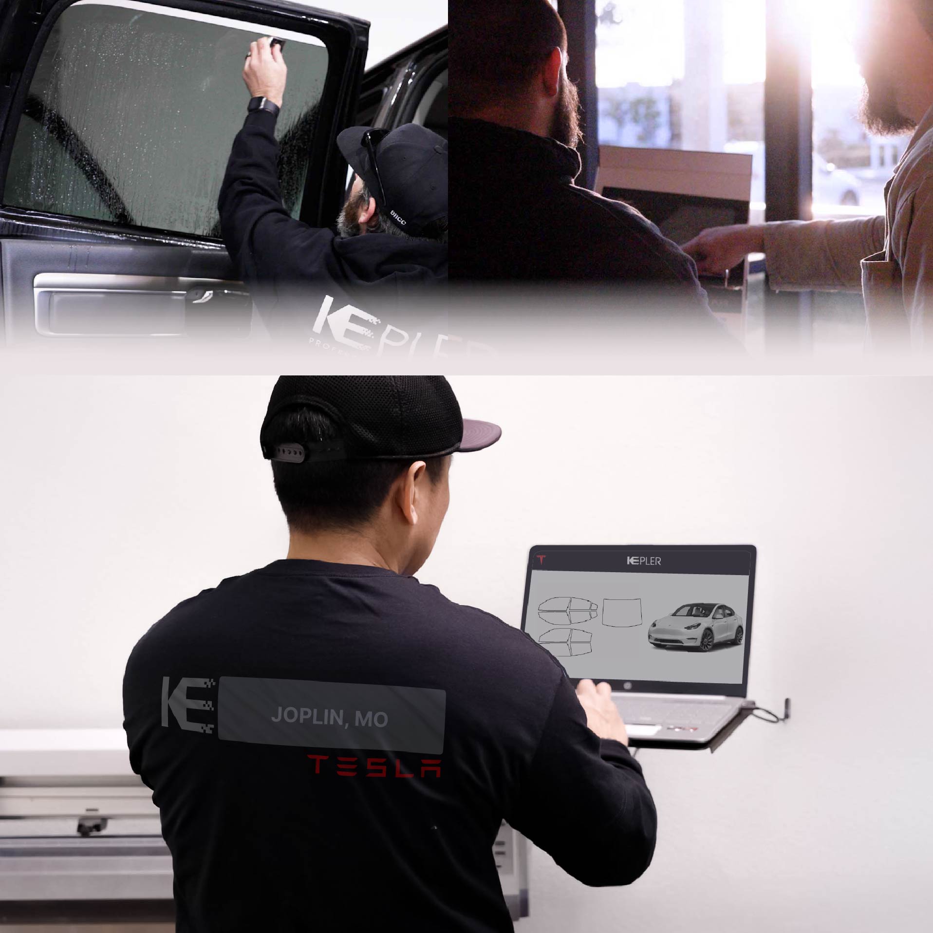 Kepler Technician Installing Advanced Window Tint to Tesla in Joplin