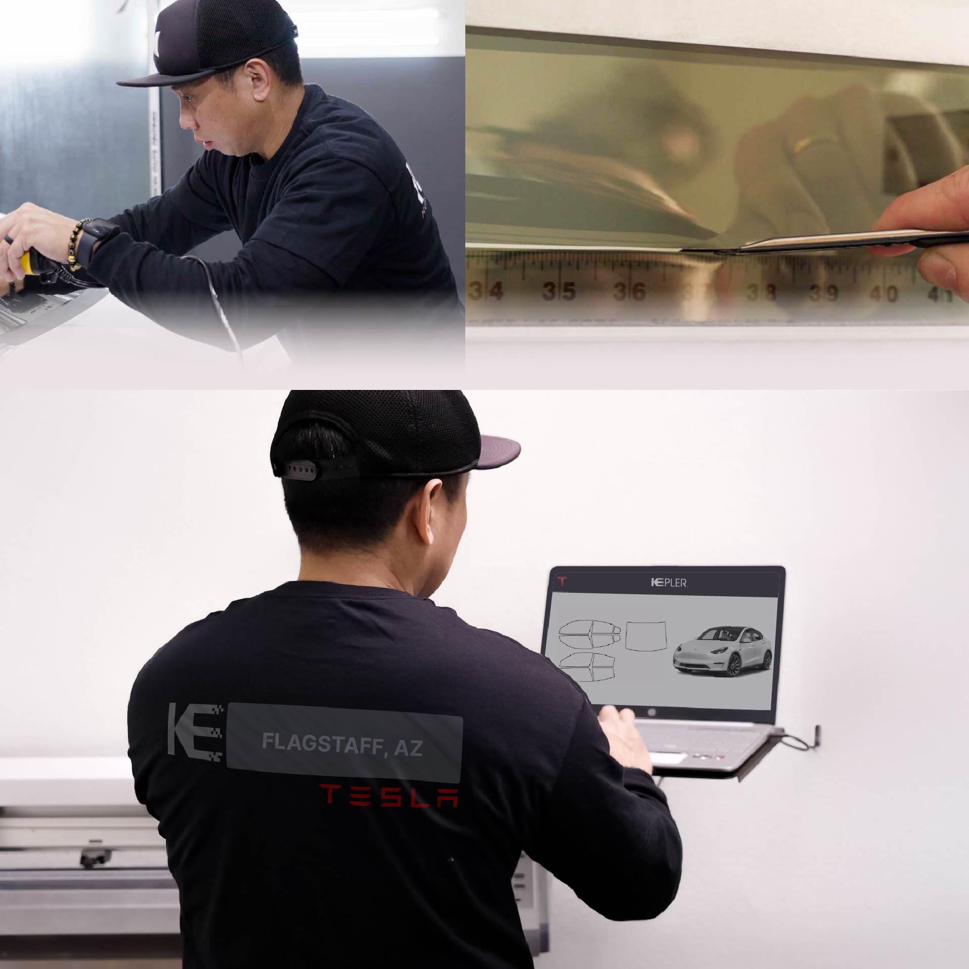 Kepler Technician Installing Advanced Window Tint to Tesla in Flagstaff