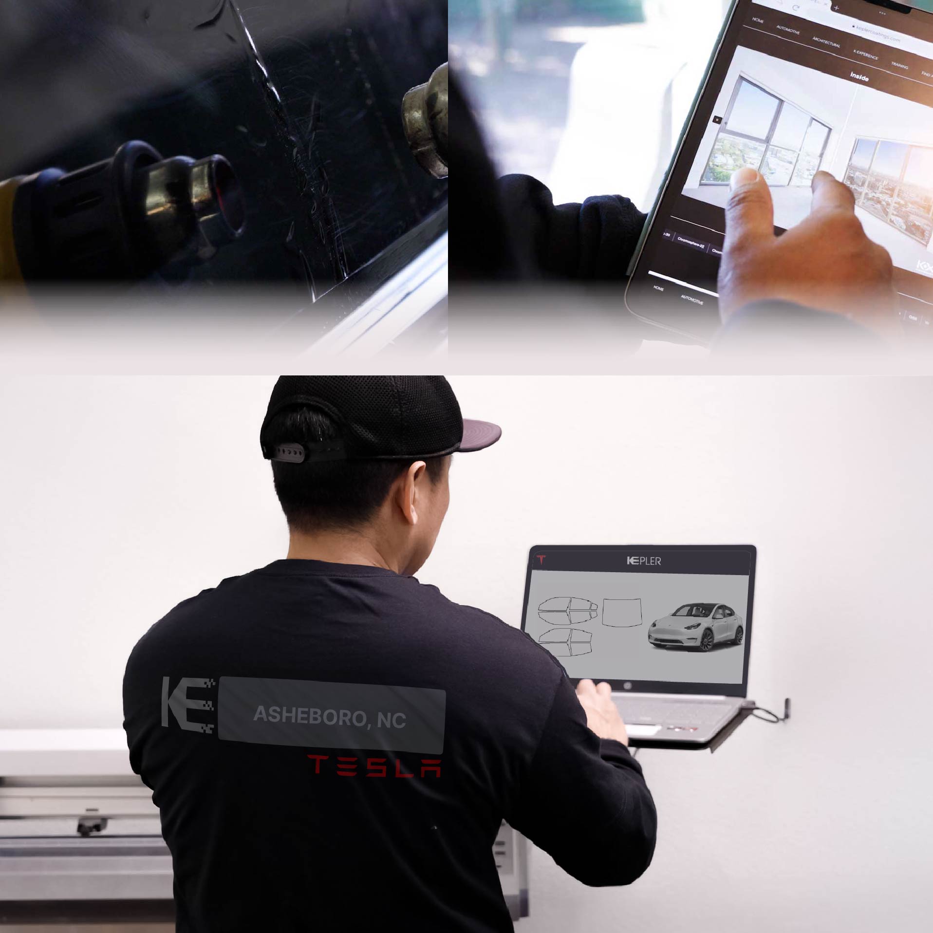 Kepler Technician Applying High-tech Window Tint to Tesla in Asheboro