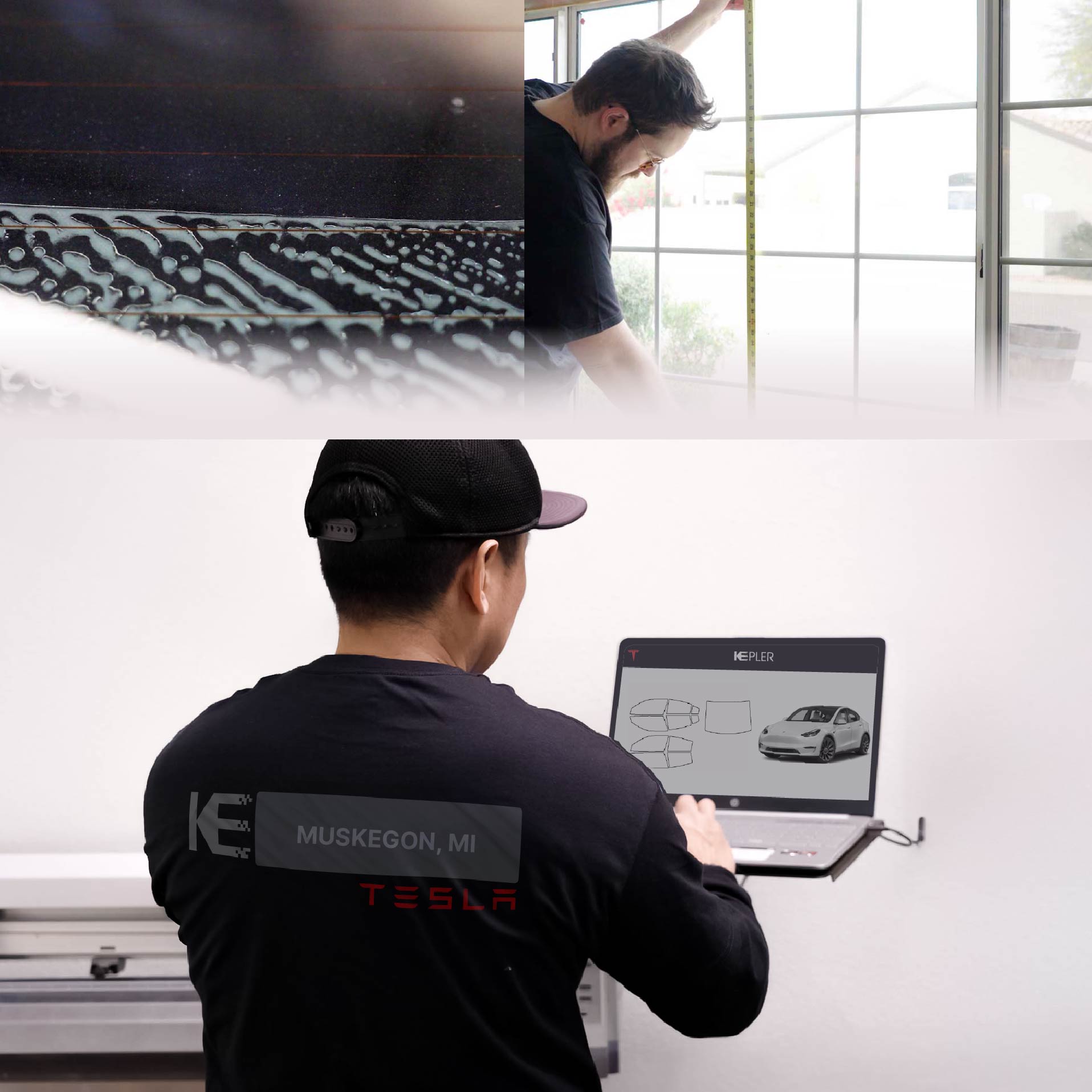 Expert Technician Fitting Ceramic Window Tint to Tesla in Muskegon